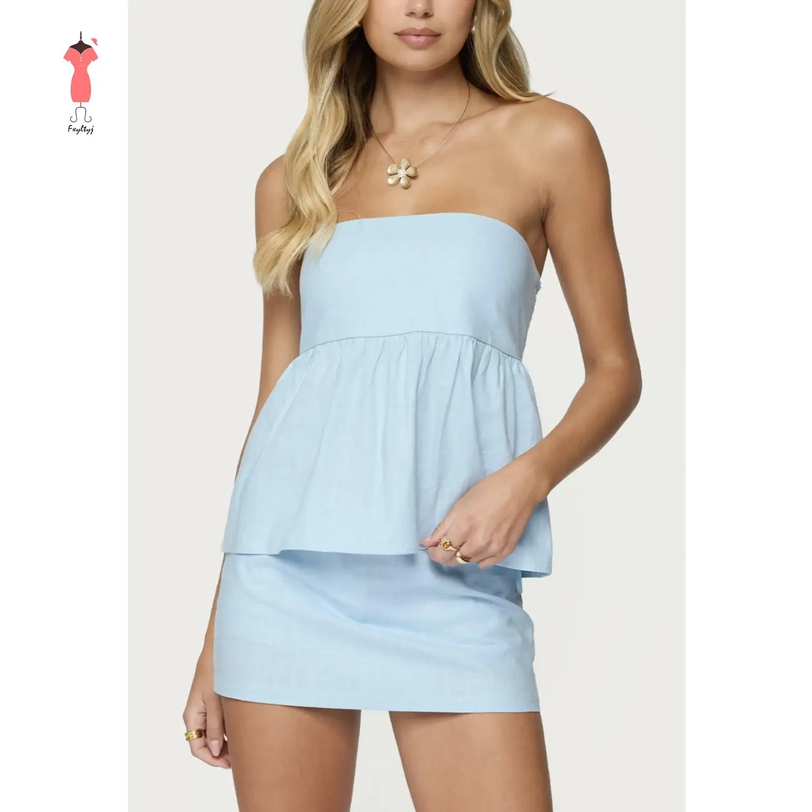 Women's 2-Piece Sleeveless Solid Plain Skirt Set - Summer Strapless Ruffled Tube Top, Fitted 100% Poly Short Mini Skirt, Fashion Women's Clothing Set, Matching Sets