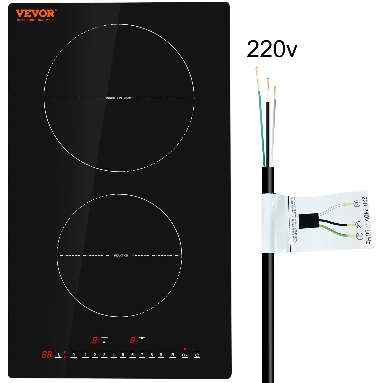 VEVOR Built-in Induction Cooking Unit, 12-in 2-Burner 3000W Magnetic Cooktop, 9 Heating Levels, LED Touch Display, Child Lock & Over-Temperature Protection