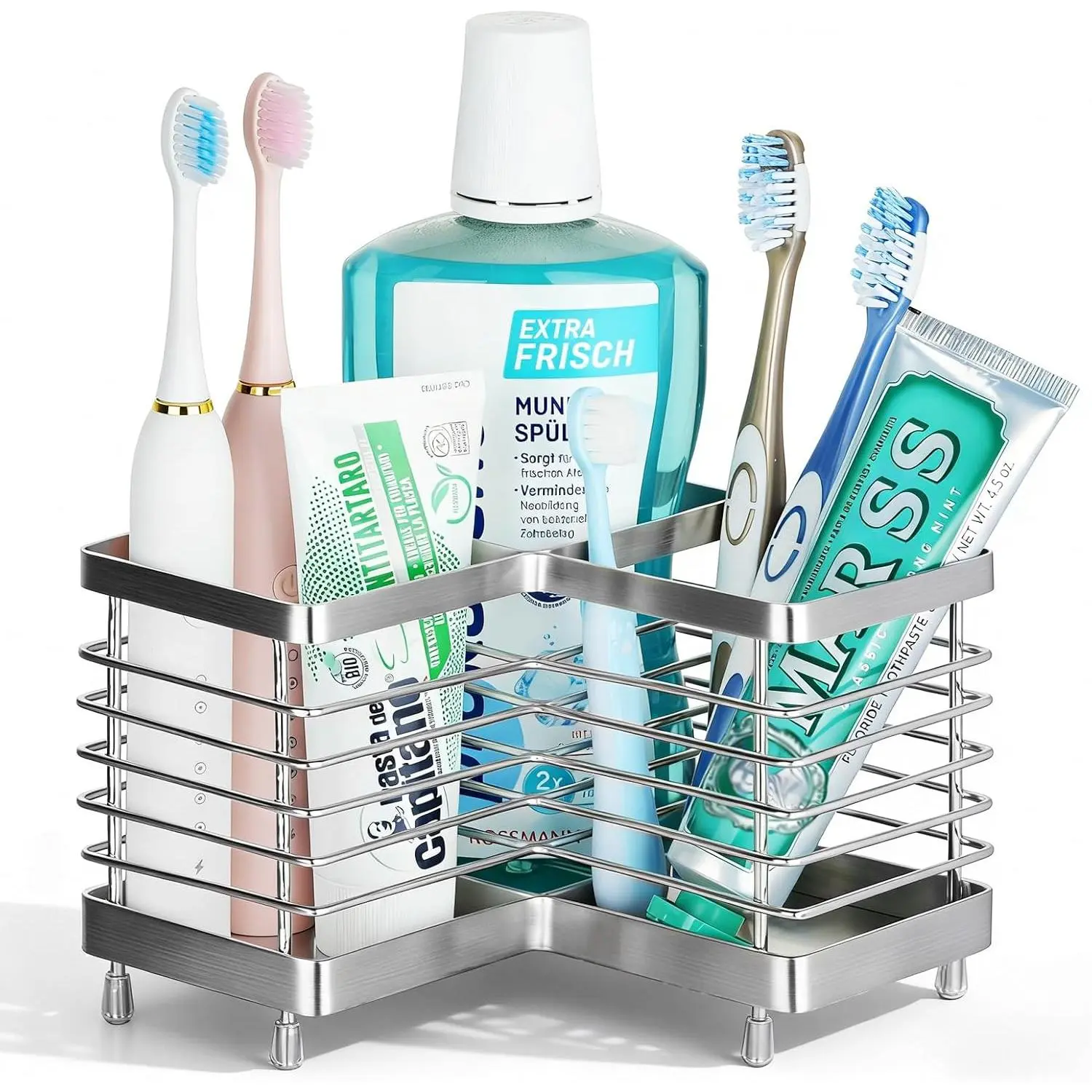 Stainless Steel Toothbrush Holder with Dispenser - 3-Slot Open Frame, Self-Draining Countertop Accessory, Modern Compact Corner Bathroom Oral Care Organizer (Silver)