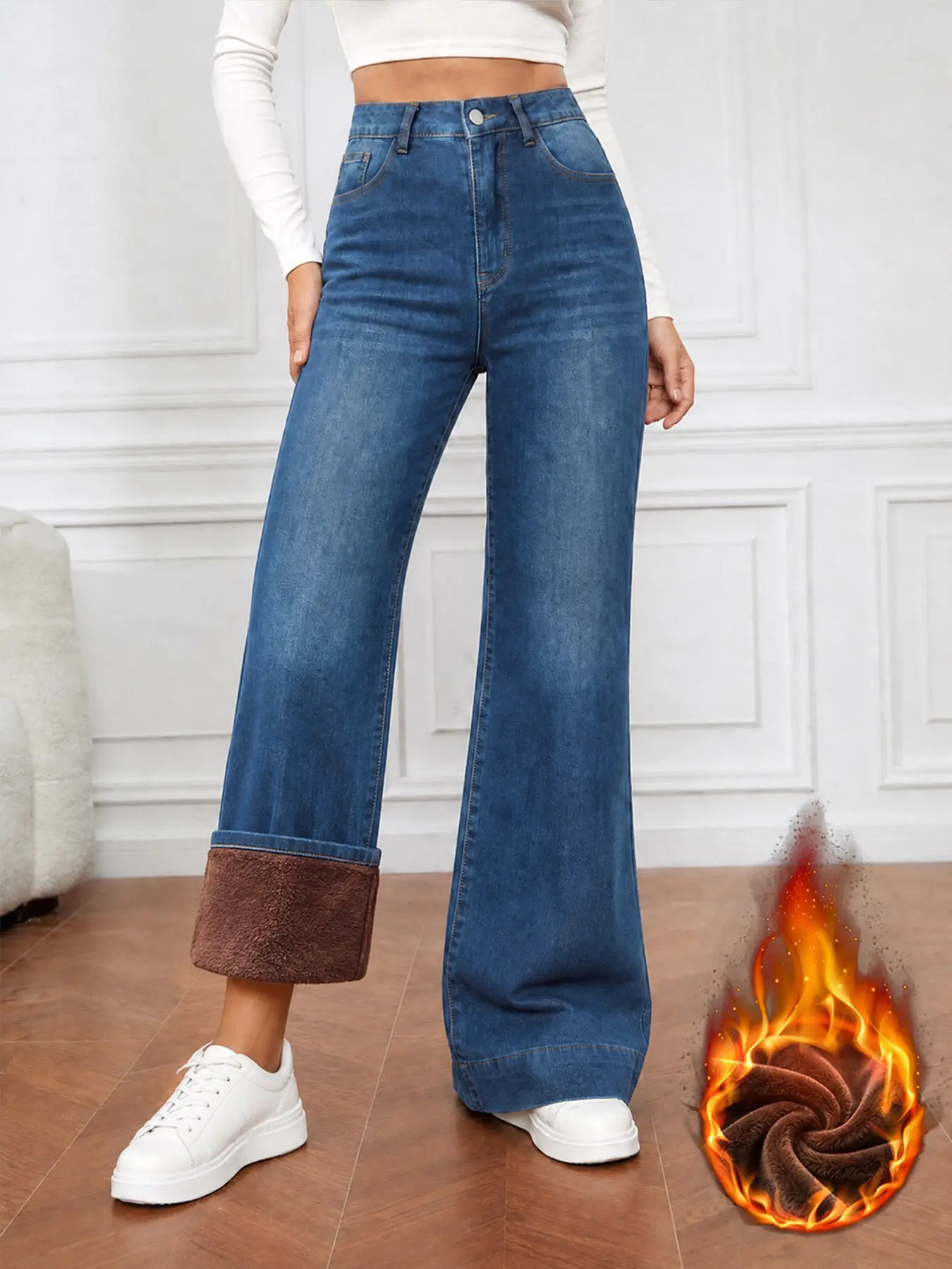 Women's Fall Winter Fleece Lined Thick Elastic Loose Jeans, Blue Wide Leg Warm Long Pants, Mid Waist Slim Fit Button Fly, Casual Loose Jeans