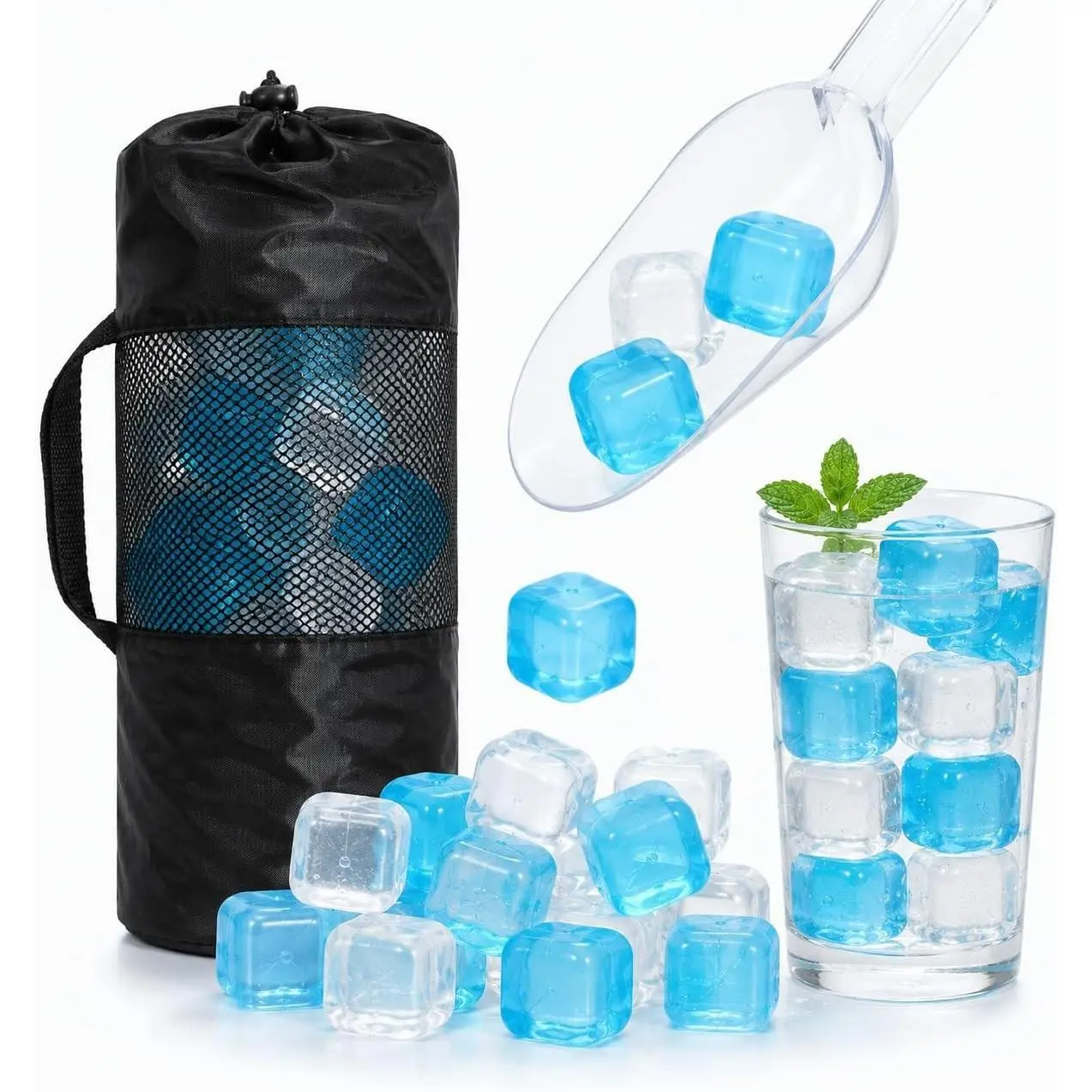 330 Pack Reusable Ice Cubes with Scoop, BPA-Free Refreezable Plastic, Slow-Melting, Fast Freeze 2H, for Whiskey Coffee Juice, Ice Bath, Coolers, Party Camping