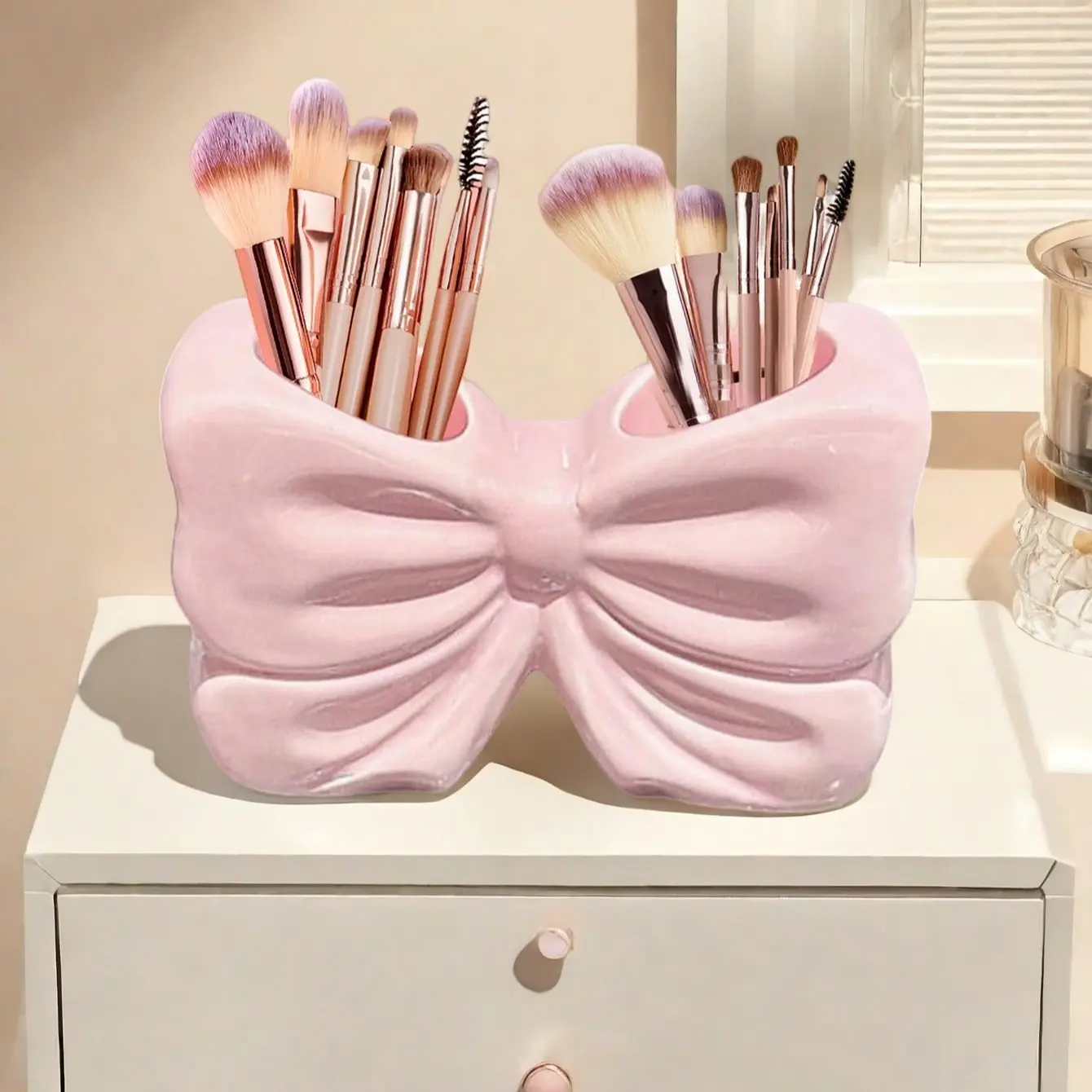 Bow Ceramic Storage Tube, Makeup Brush Organizer, Desktop Pen Holder, Desk Organizers, High Aesthetic Decorative Item, Style, Girl Heart Design, Office Girly Desk Accessories