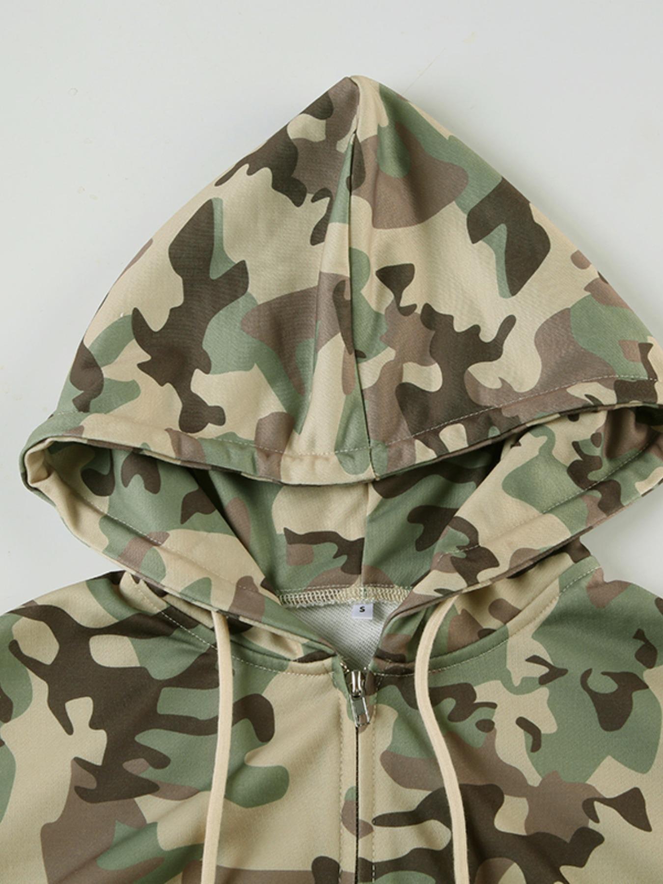 Women's Camouflage Print Zip Up Hoodie Jacket, Casual Drawstring Hooded Fitted Long Sleeve Sweatshirt for Spring & Fall, Ladies Womenswear Clothes for Daily Wear