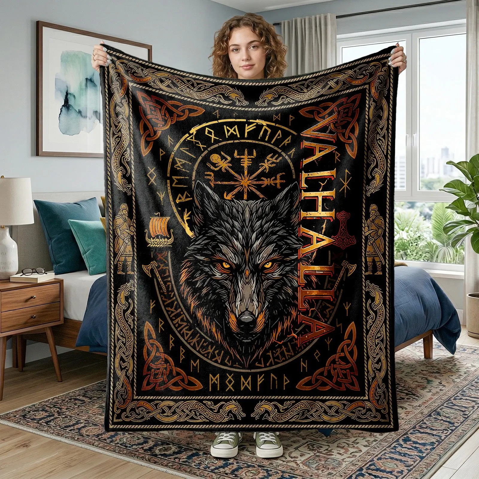 1pc Norse Viking Wolf Rune Fleece Blanket, Dark Vintage Viking Totem, Giant Wolf Runic Symbols, Valhalla Norse Pattern Print. Soft Warm Multi-use Throw for Sofa, Bed, Office, Camping, Ideal Christmas Gift.