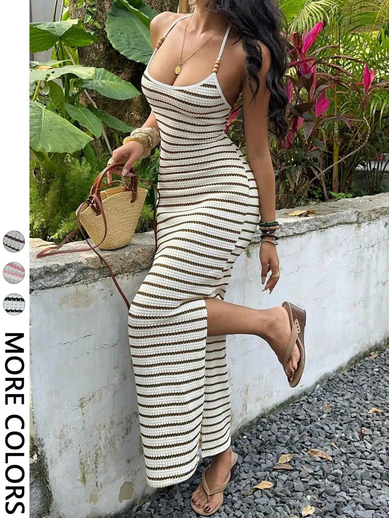 Design Sensible Striped Thin Strap Side Split Long Dress, Casual Vacation Slimming Dress, Stylish, Chic and Comfortable Evening Wear