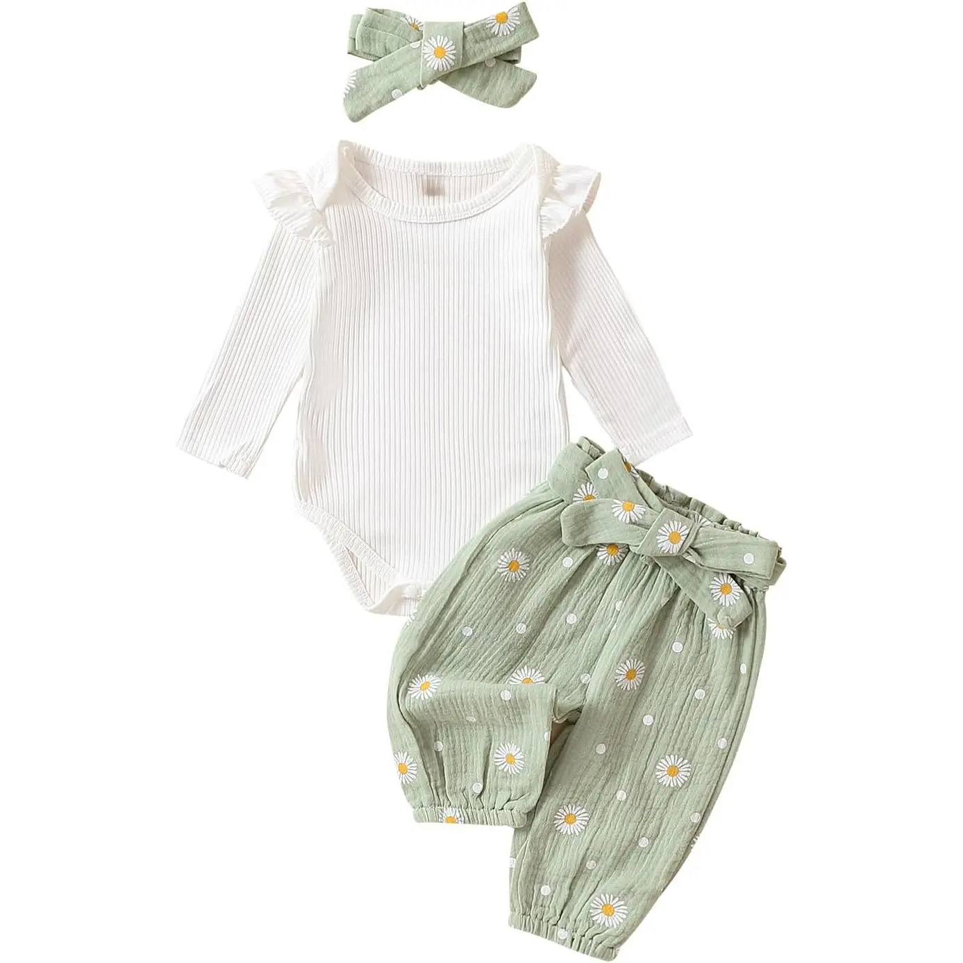 Newborn Infant Girl Clothes Rib Knit Romper Daisy Print Pants Headband Baby Clothes  Girls 0 3 6 12 18 24 Months New model