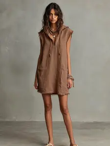 Minimalist Linen Blend Sleeveless Dress with Hat, Summer V-Neck Frayed Edge Short Mini Dress, Women's Vacation