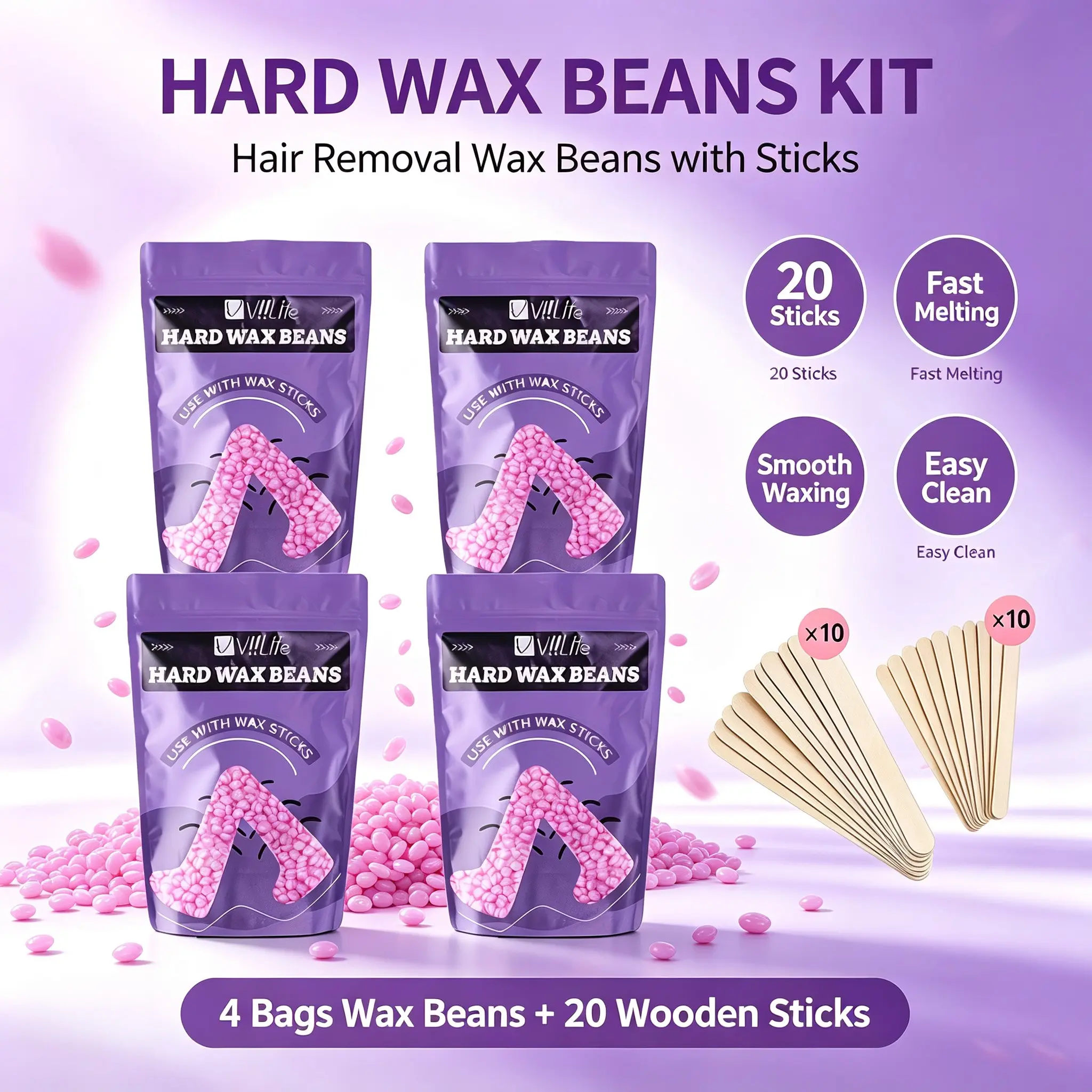 Viilife Hard Wax Beans Set, 4 Pouches with 20 Wooden Sticks, Quick Melt, Easy Clean, Smooth Hair Removal for Men and Women