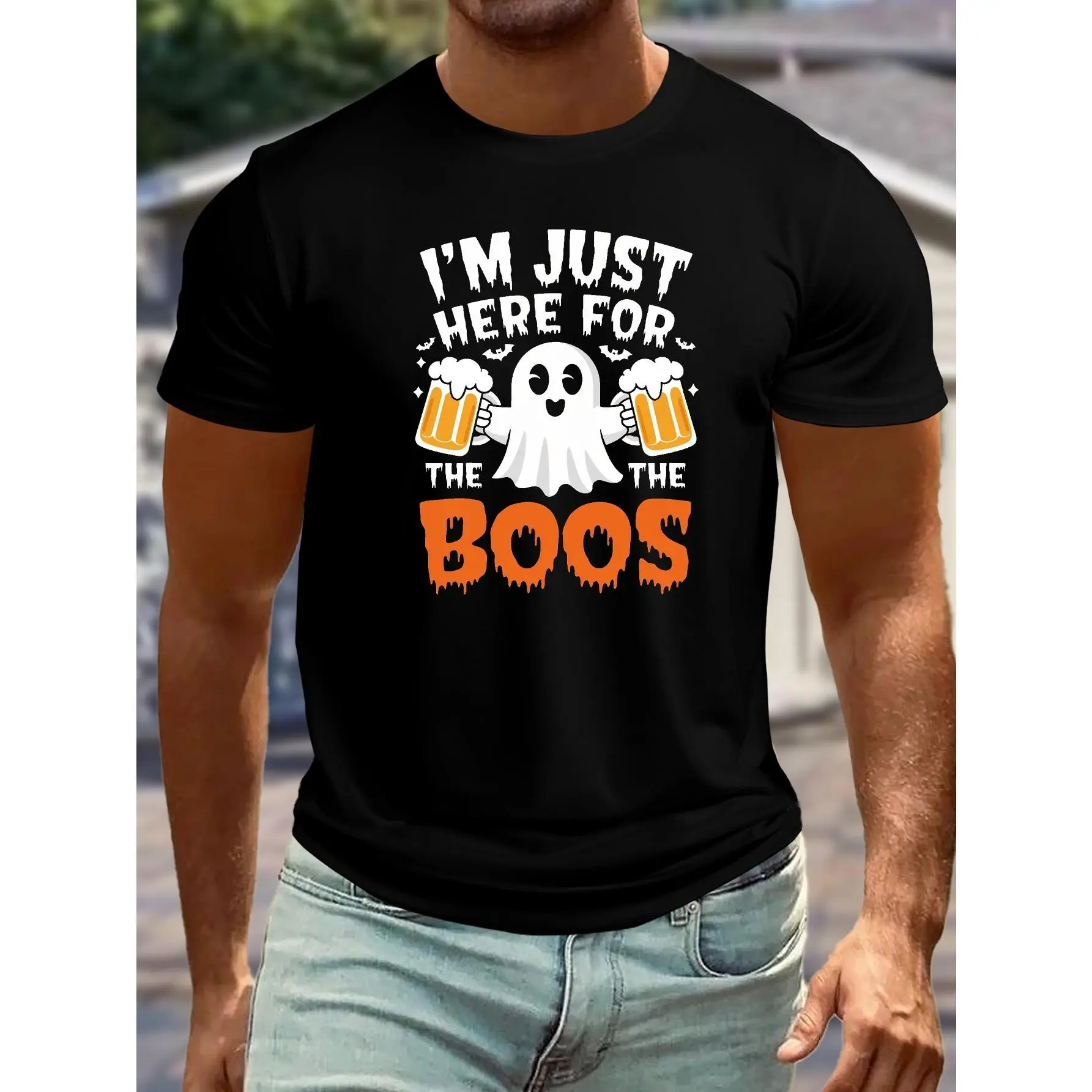 Plus Size Men's Summer T-Shirt - "I'm Just Here for the Boos" Halloween Graphic Print, Lightweight Breathable Fabric, Regular Fit Short Sleeve Casual Tee for Big & Tall Guys, Machine Washable, Playful Design, Comfortable Fabric, PLUS SIZE