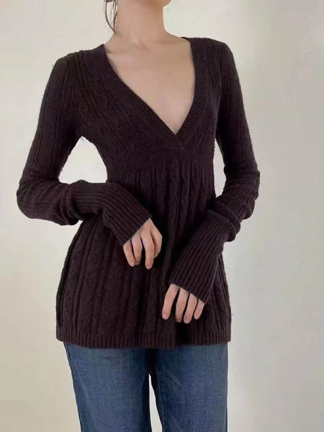Y2k Vintage Warm Sweater Women Pastel Goth Soft Sweet Cute Long Sleeve V-neck High Waist Knitted Pullover Female