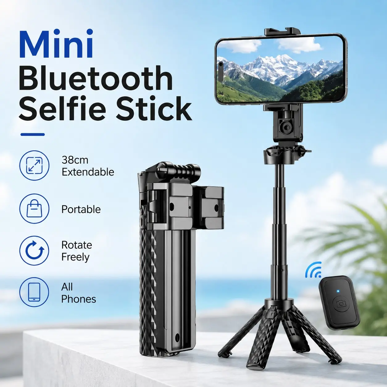 Bluetooth-compatible Selfie Stick Monopod, Extendable Rotating Mini Phone Holder, Magnetic Base, Portable Handheld for All Phones, Vlog & Travel, Portable Selfie Accessory
