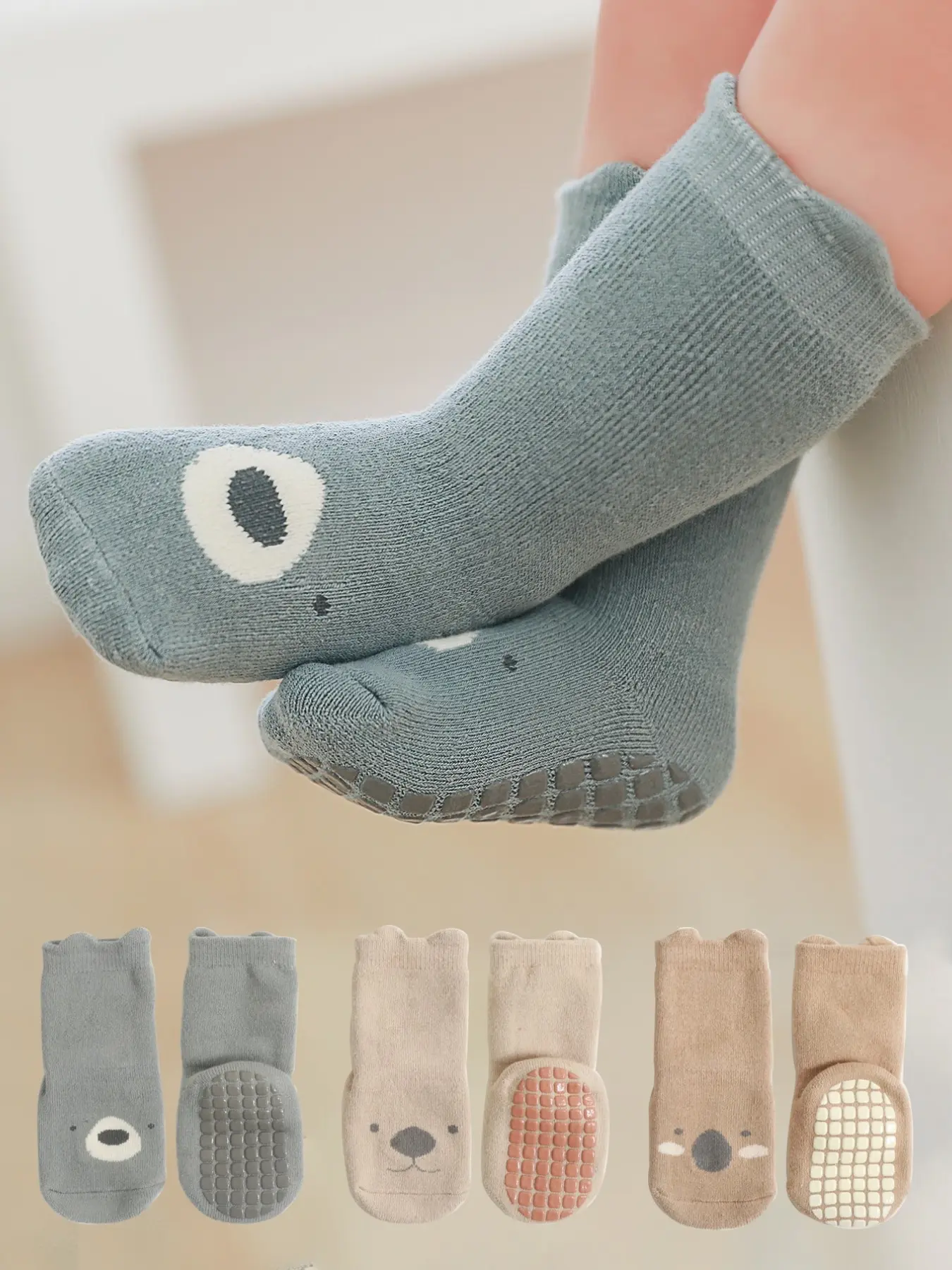 3 Pairs Thickened Anti-Slip Floor Socks for Kids, Cartoon Plush Baby Learning Walk Mid-Calf Socks, Fall Winter Warm Socks