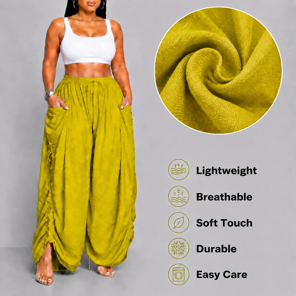.Plus size-Women's High Waisted Harem Pants Wide Leg Baggy Boho Trousers Deep Pockets Adjustable Ruched Sides Drawstring Elastic Waist Lightweight Casual Flowy Lounge Pants Plus Size S-5XL Spring Summer Y2K Streetwear Fashion