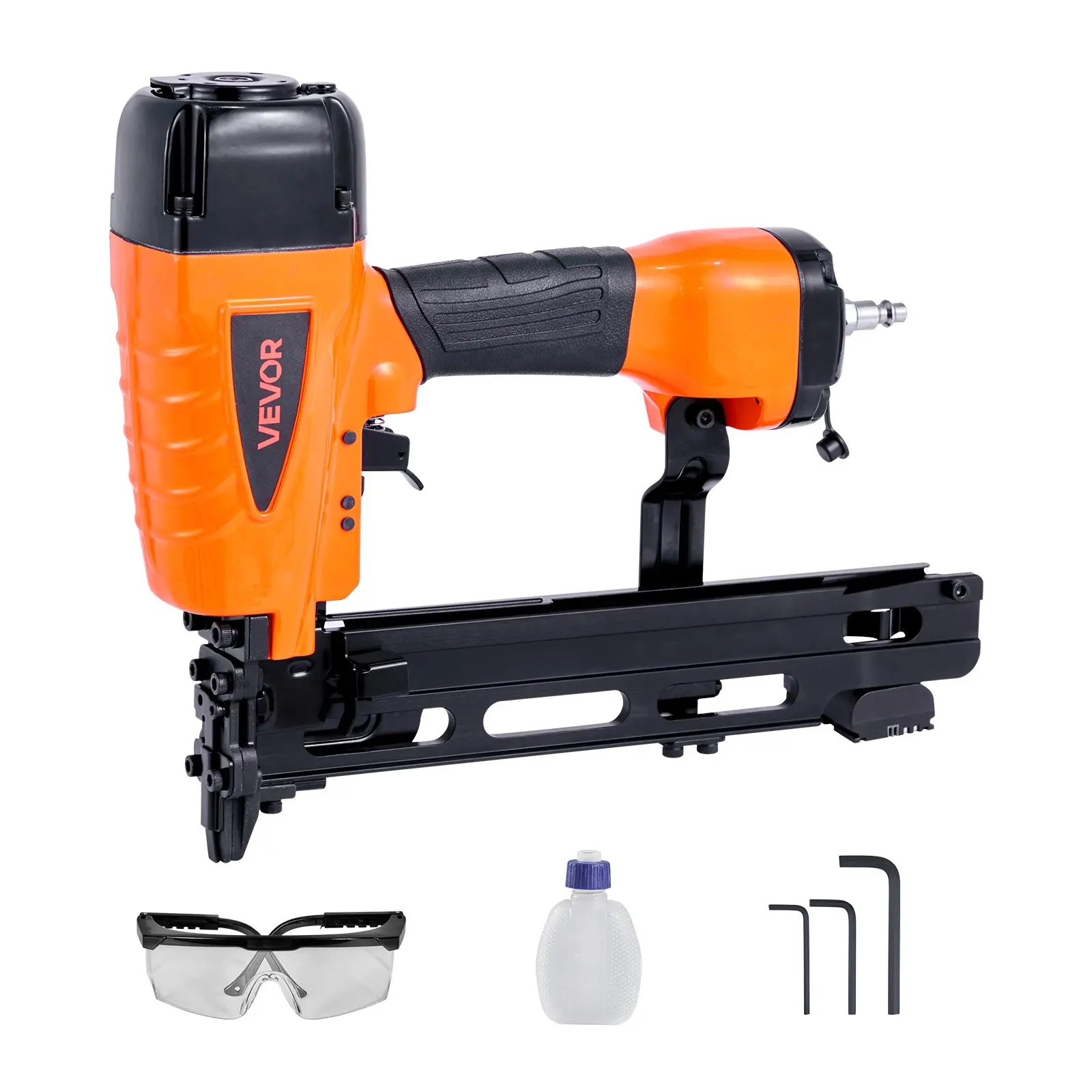 VEVOR 16-Gauge Pneumatic Staple Gun, 7/16-Inch Medium Crown, 1"-2" Length, 70-120PSI Heavy-Duty Air-Powered Tool with 1/4" NPT, 5.62 lbs, 14.37x3.35x11.81 in, for Roof Decking, Wall Sheathing + Safety Glasses