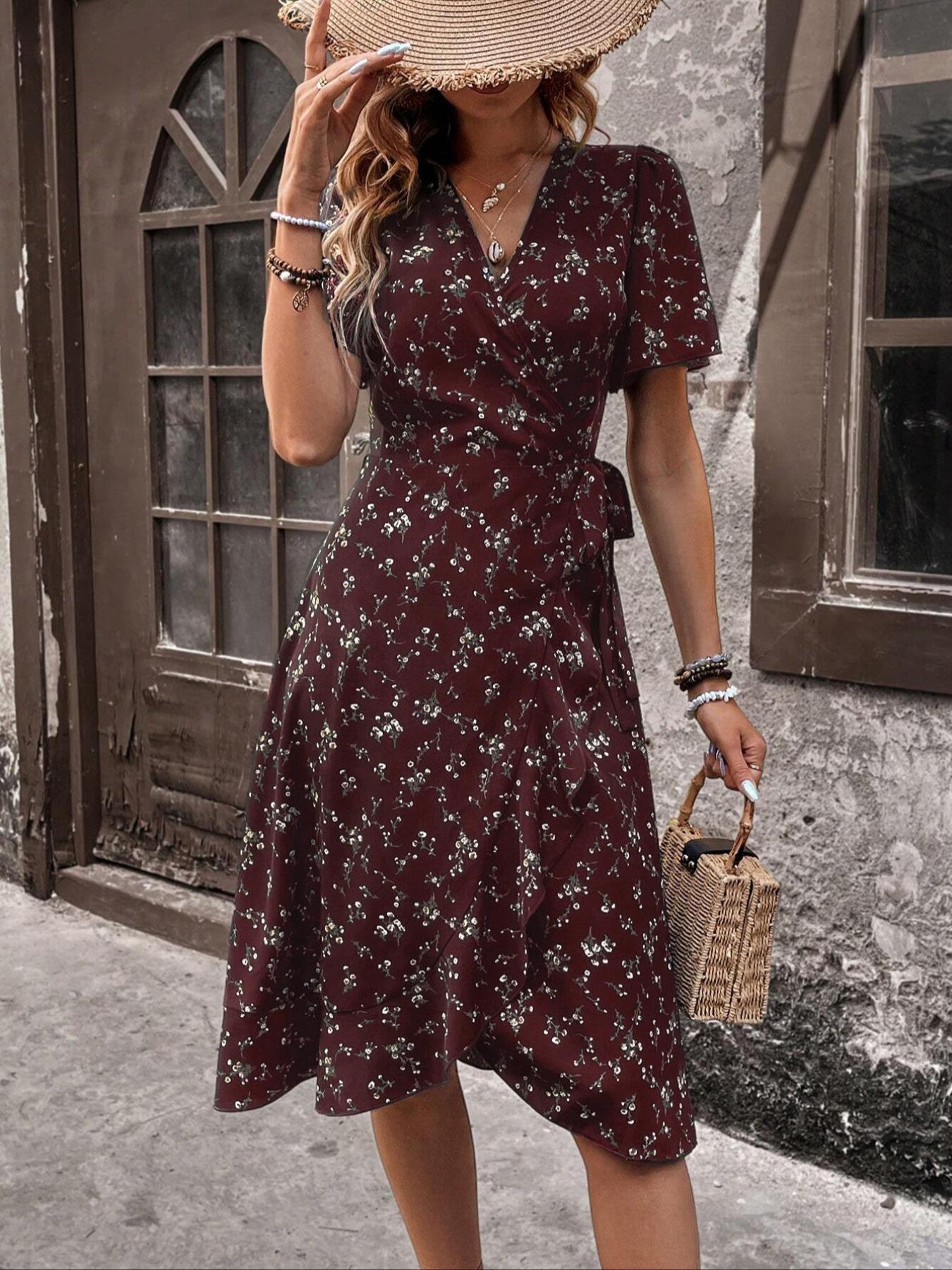 Women's Summer Floral Print Wrap Dress, Side Tie Design, Ruffle Hem, Fitted Midi Dress, Boho Style, Casual Wear, Short Sleeve, Ditsy Floral Pattern