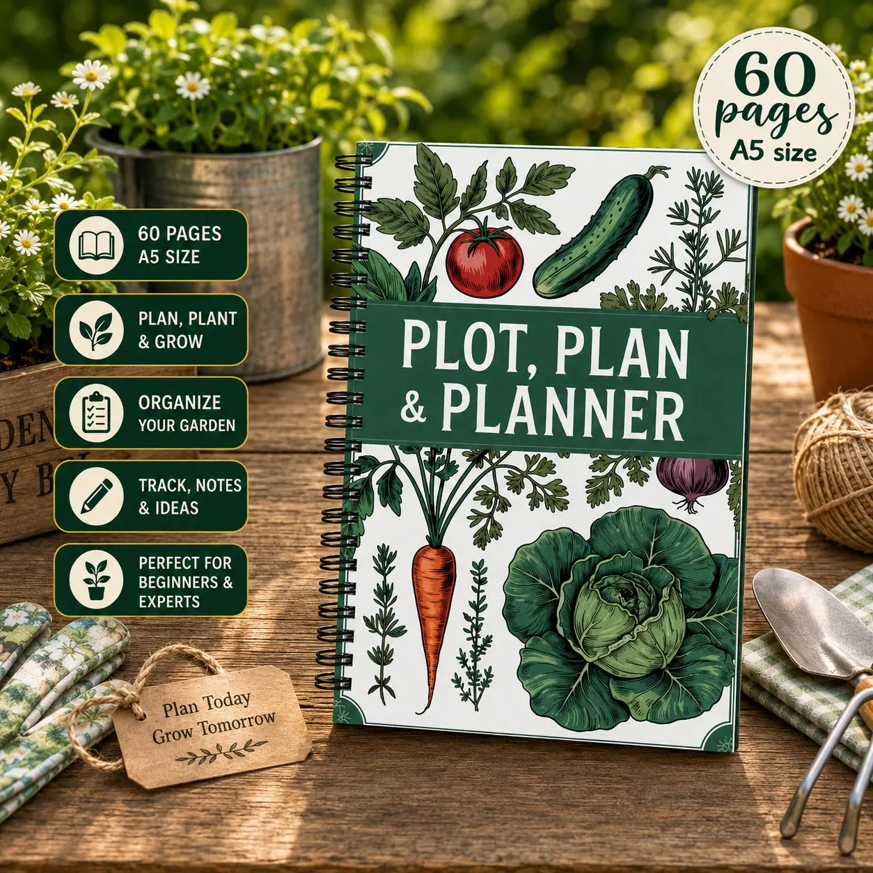 Plot, Plan & Planner – A5 Garden Journal Notebook for Vegetable & Flower Gardening, Spiral Garden Organizer, Plant Tracking Record Manual for Beginners & Garden Lovers, Planning