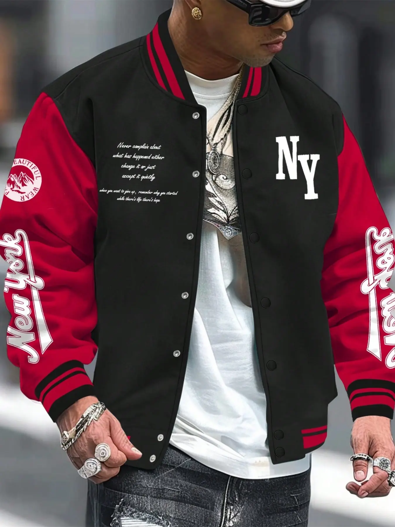 Men's Baseball Jacket, Colorblock Ny Letter Print, Casual Snap Button Street Style, Long Sleeve Outerwear, Casual Jacket Coat