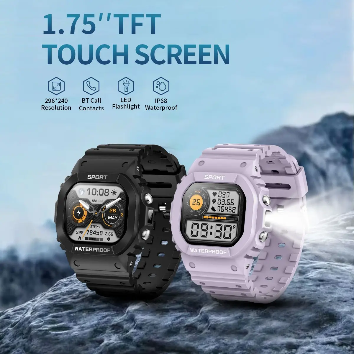 Smart Watch WITH LED Flashlight Compass IP68 Waterproof Sport SmartWatch For Men Women Bluetooth Call SOS