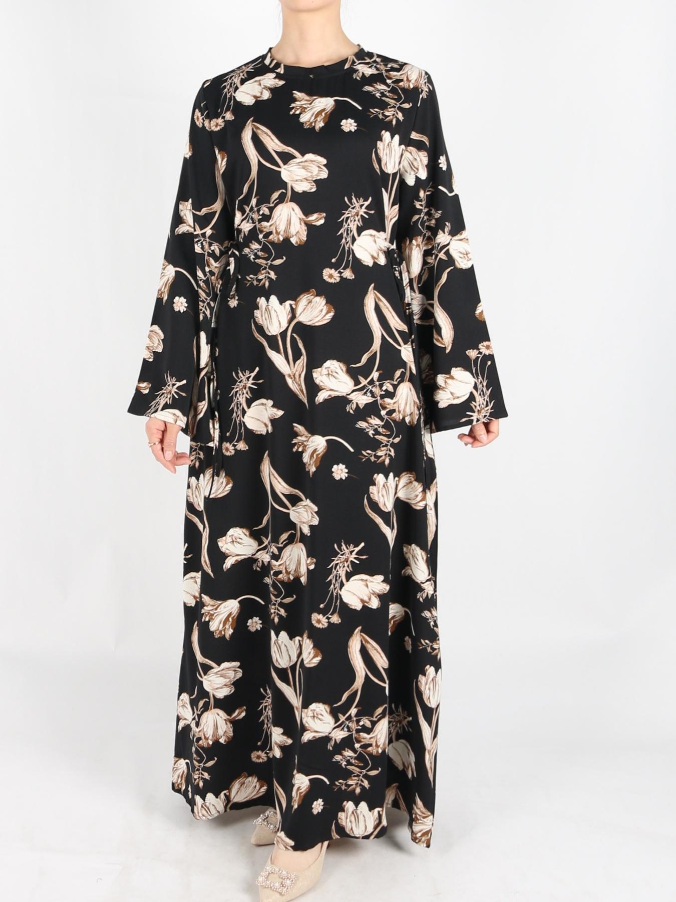 Women's Tie Side Zipper Back Dress, Elegant Long Sleeve Belted Abaya Dress for Daily Wear, Ladies Islamic Clothing for All Seasons