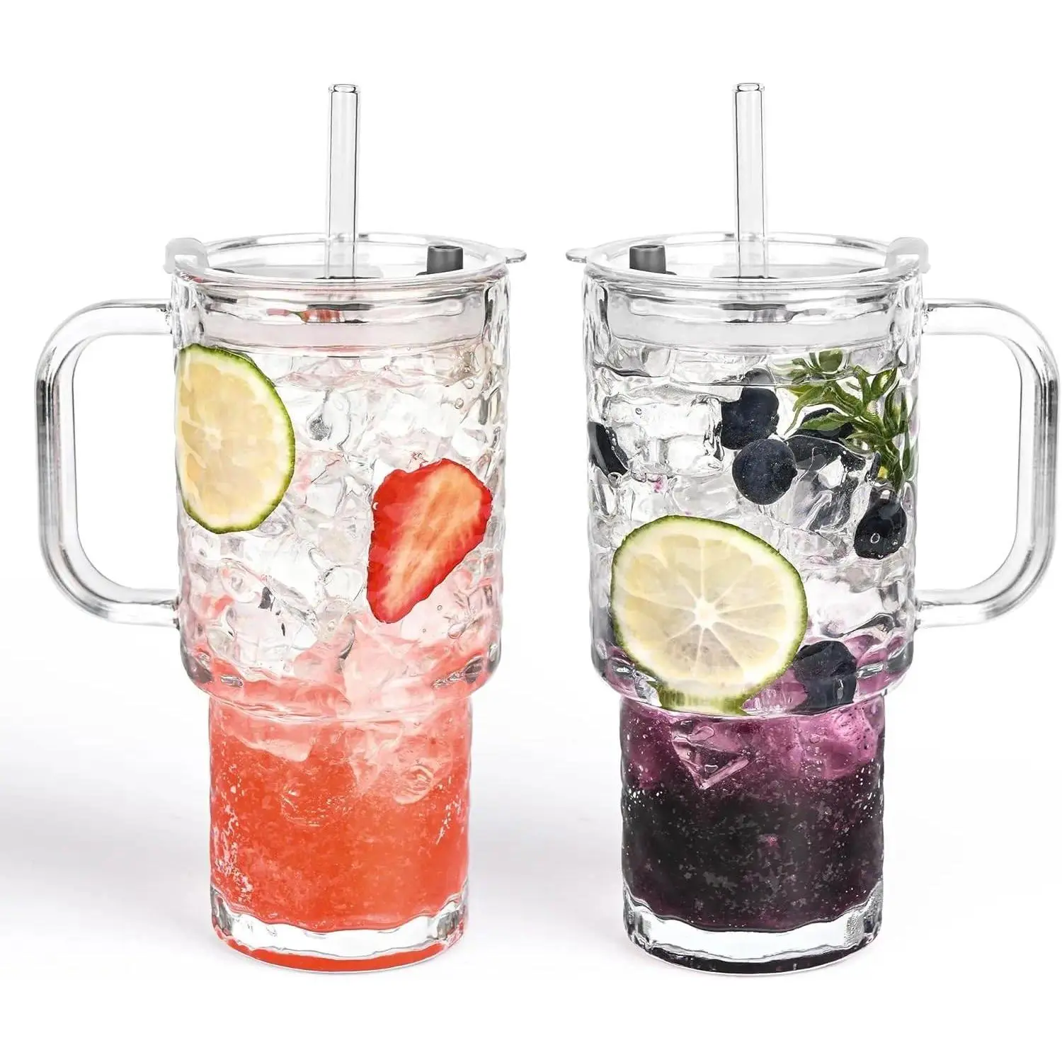 Glass Tumbler with Handle, Lid & Straw – 2 Pack Reusable Clear Cups for Iced Coffee, Smoothies, Tea & Juice – Perfect for Home, Office, Outdoor, Travel, Cold & Hot Drinks, Eco-Friendly, Durable, Easy-to-Clean Glass Coffee Cups
