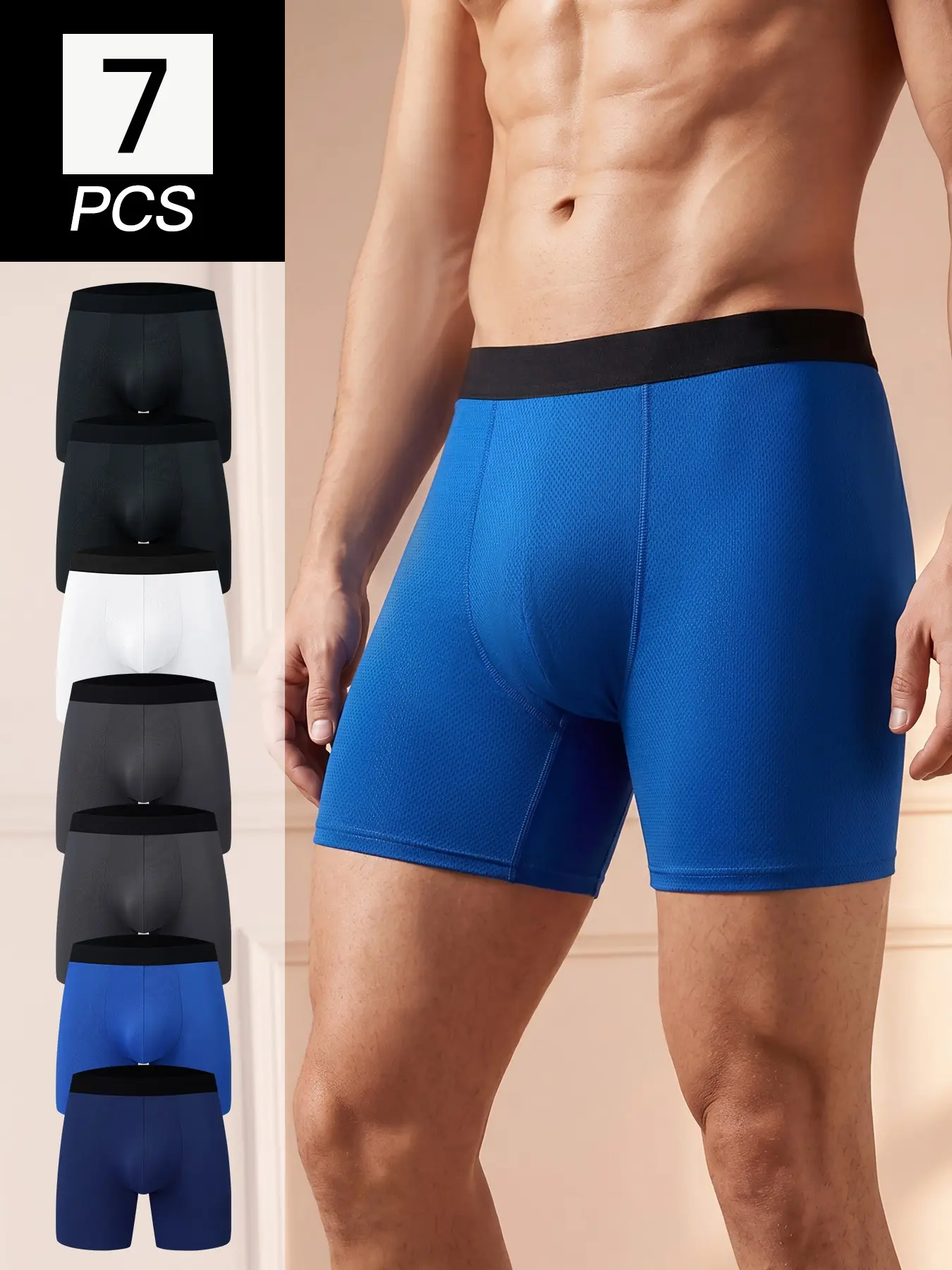 Men's 7-Pack Stretch Long Leg Boxer Briefs, Breathable Mesh Moisture Wicking Underwear, Anti Chafing No Ride Up Trunks for Sports Daily Wear, Stretchy Sports Underwear