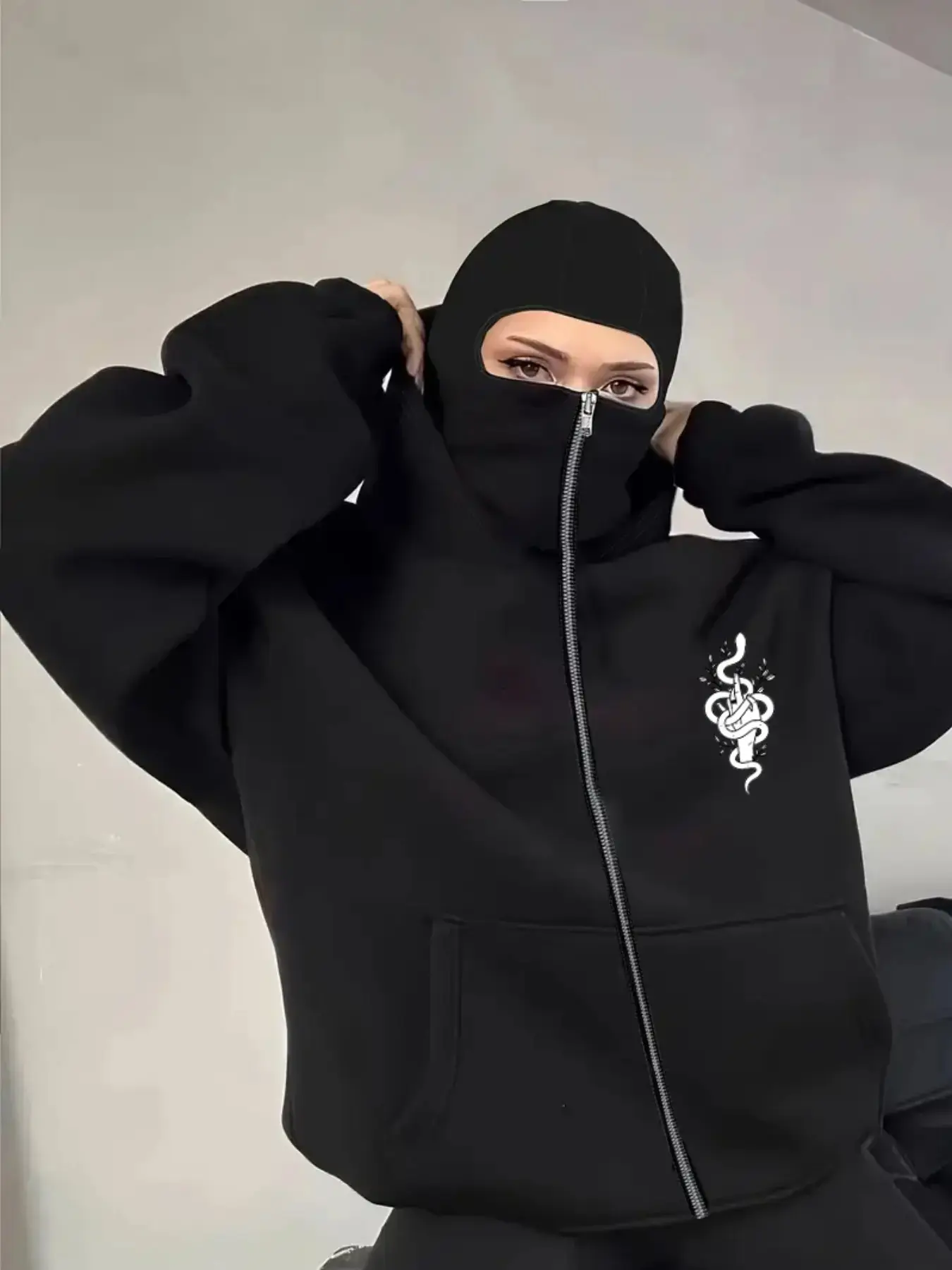 Unisex Solid Black Minimal White Serpent Dagger Line Graphic Balaclava Full Face Mask Zip Up Double Layer Oversized Long Sleeve Hoodie Heavyweight Fleece Kangaroo Pocket Full Zip Casual Loose Gothic Hooded Sweatshirt, Y2K Dark Street Windproof Winter