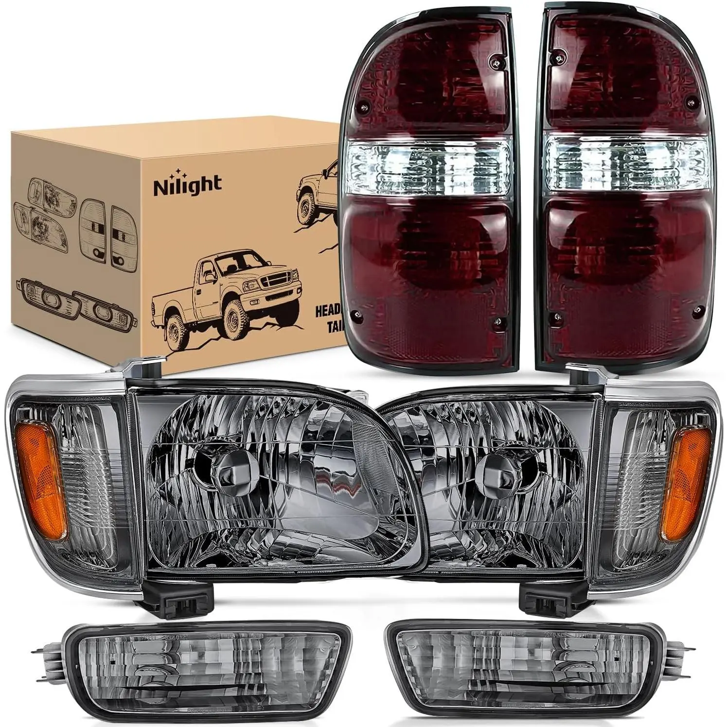Nilight Headlights and Taillights Assembly Combo Set - OE-Style Chrome Housing, Smoke Lens, Amber Reflector, Dark Red Housing - Compatible with 2001-2004 Toyota Tacoma, Headlights/Tails