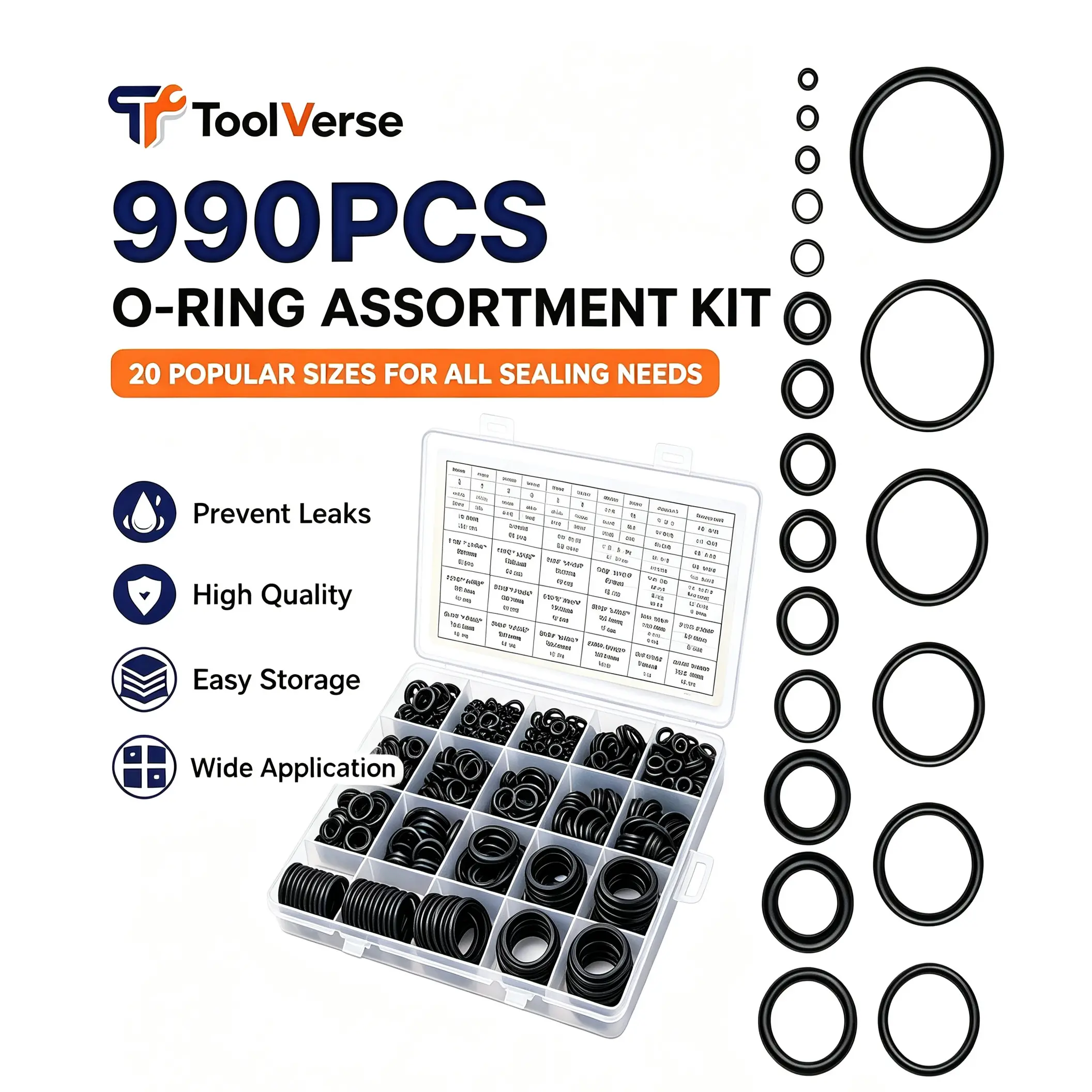 Tool Verse| 990PCS Nitrile Rubber O-Ring Assortment Kit, 20 Sizes Universal NBR Rubber Seal Gasket Washers, Oil Resistant O Rings for Plumbing, Automotive AC, Faucet, Water Pipe, Hydraulic Machinery#ORingKit#PlumbingRepair#AutoACRepair#HomeDIYTools