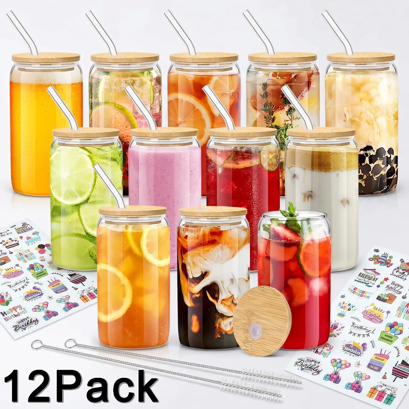 16oz Beer Shaped Glass Cups Set of 12, Glass Tumblers with Bamboo Lids & Glass Straws, Multipurpose Drinking Glasses for Iced Coffee, Boba Tea, Smoothie, Whiskey & Water, Includes 2 Cleaning Brushes