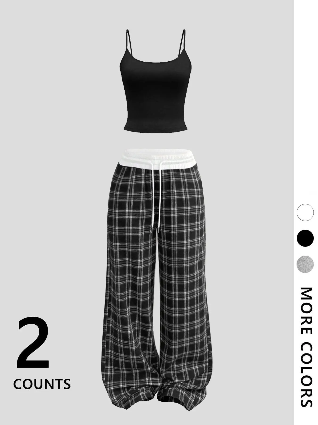 Women's Two-Piece Casual Set, and Striped Tartan Plaid Long Pants, Fitted Spaghetti Strap Fashion Top and Pants Combo for All Seasons, Trendy Street Style, Outfits, Fashion Clothes Set