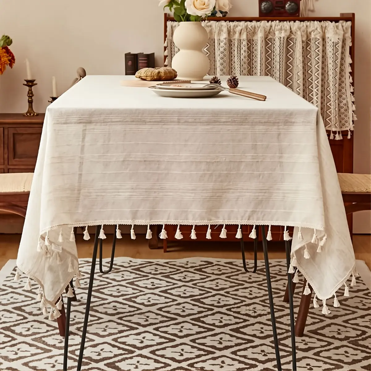 Woven Tablecloth with Fringe, Soft Textured Rectangular Design, Vintage Rustic Style, Elegant Durable, Ideal for Home Dining & Banquets