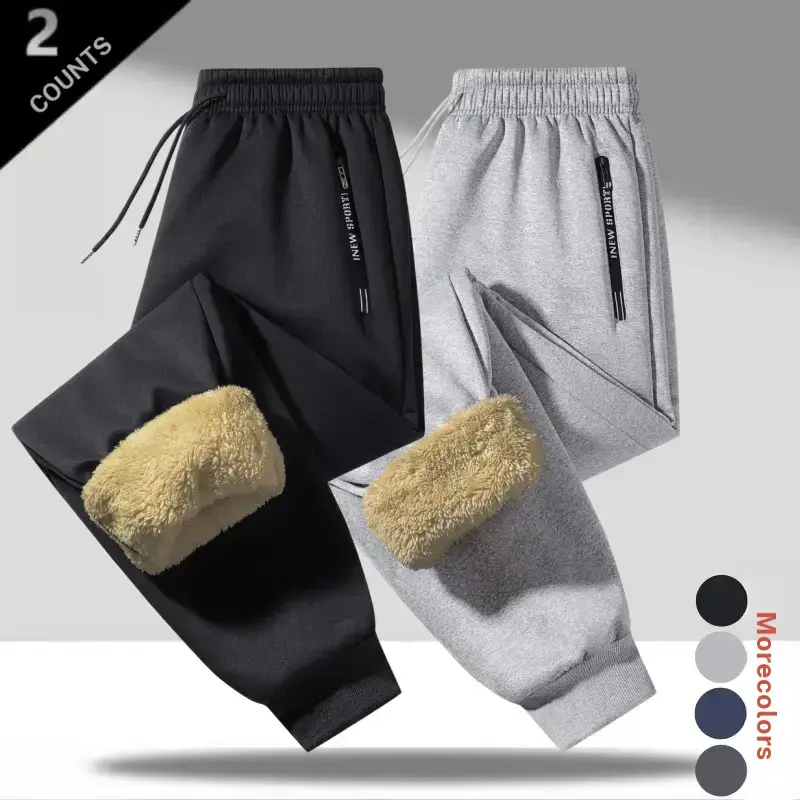 Men’s thick sherpa lined jogger sweatpants – elastic drawstring waist, zip pockets, ribbed cuffs, warm solid pants, American casual winter bottoms for commuting and outdoor walks