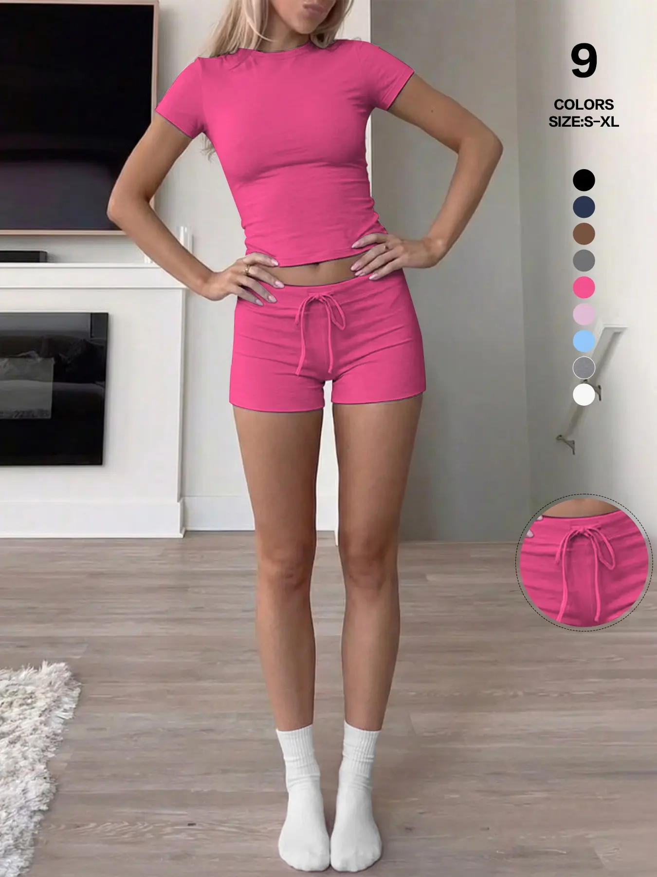 Summer Comfy Fit! Stretchy Slight-Crop Top & Hot Pants Two-Piece, Trendy Urban Casual Athleisure Outfits Loungewear for Workout, Exercise Clothing Set, Athleisure Summer Clothes