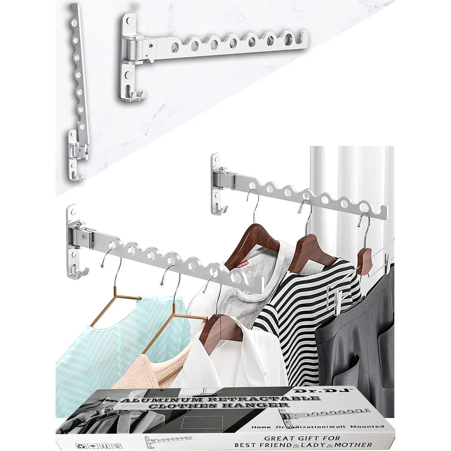 Wall Mount Coat Hanger Holder  Clothes Drying Organizer Rack Garment Hooks Aluminium Retractable Folding Indoor Wall Mounted Hanger Space Saver for Laundry Room Bedroom (2 Racks)