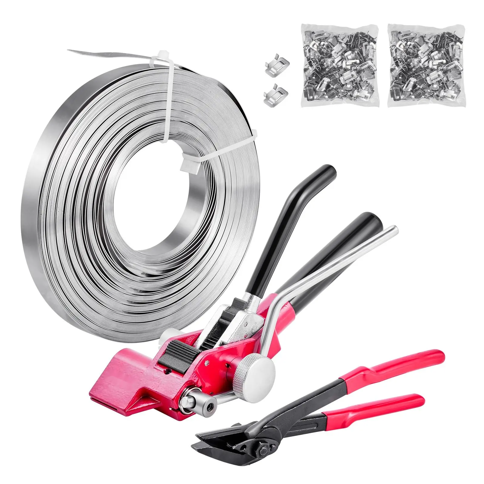 Steel Banding Strapping Kit With Heavy Duty Sealer Tool, 200 Ft Binding Straps, 200 Metal Clasps, Manual Pallet Strapping Set For Warehouse, Transportation, Industrial Bundling And Carton Securing, Stainless Steel, Rotary Cutters, Feet/Meters