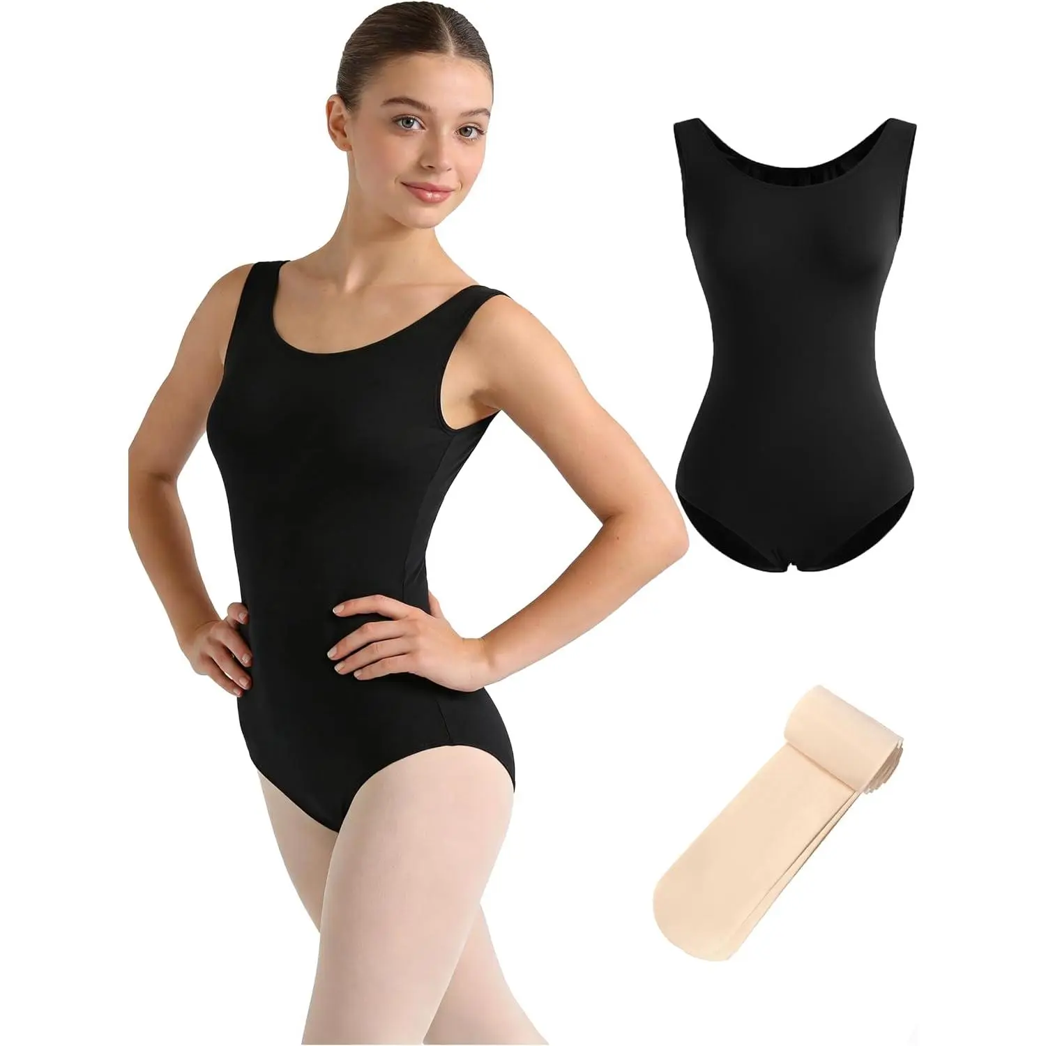 Women's Breathable Full Body Black Ballet Leotard with Tights, Female Gymnastics Dancewear for Adults (S-XXL), Hand Washable, Flattering Fit, Group Dance, Stretch Fabric, Gym Clothes Women, Daily Wear, Sleeveless, Tank Sleeve, Full Body Set, 4-Way Stretch