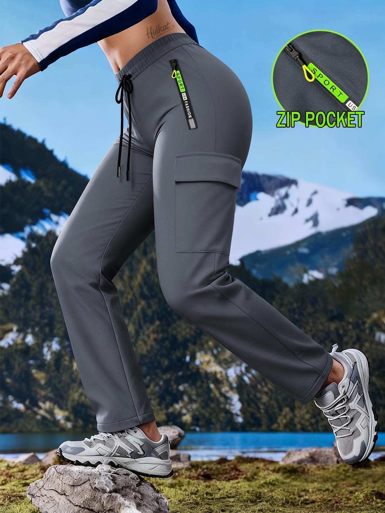 Women's multi pocket zipper workwear straight leg casual pants Drawstring elastic waist outdoor fitness pants Multi colored versatile functional straight leg pants for daily commuting Women's multi pocket zipper workwear straight leg casual pants Drawstring elastic waist outdoor fitness pants Multi colored versatile functional straight leg pants for daily commuting