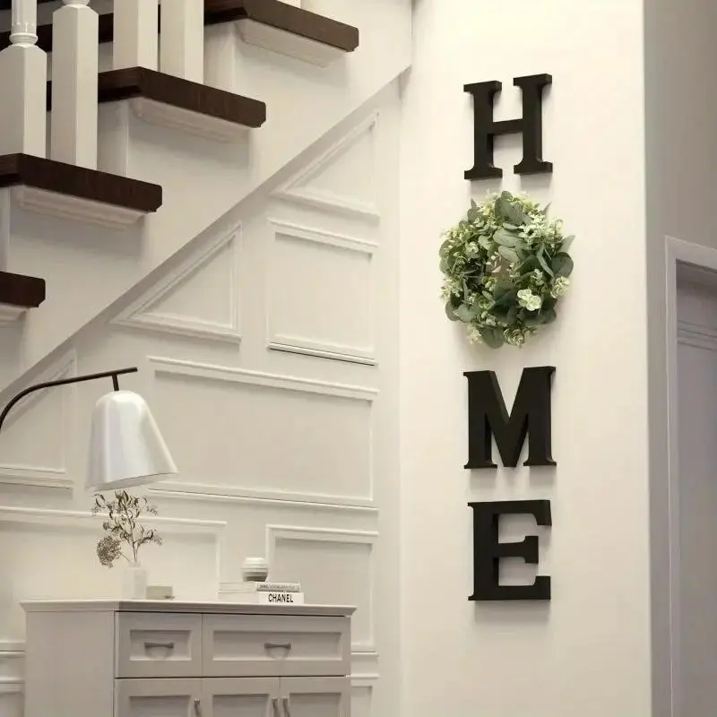 Home Letter Wall Decor Floral Wreath, Front Door Hanging Ornament, Natural Wood Moving Gift, Farmhouse & Bohemian Style, Elegant Font Design, Artificial Flowers