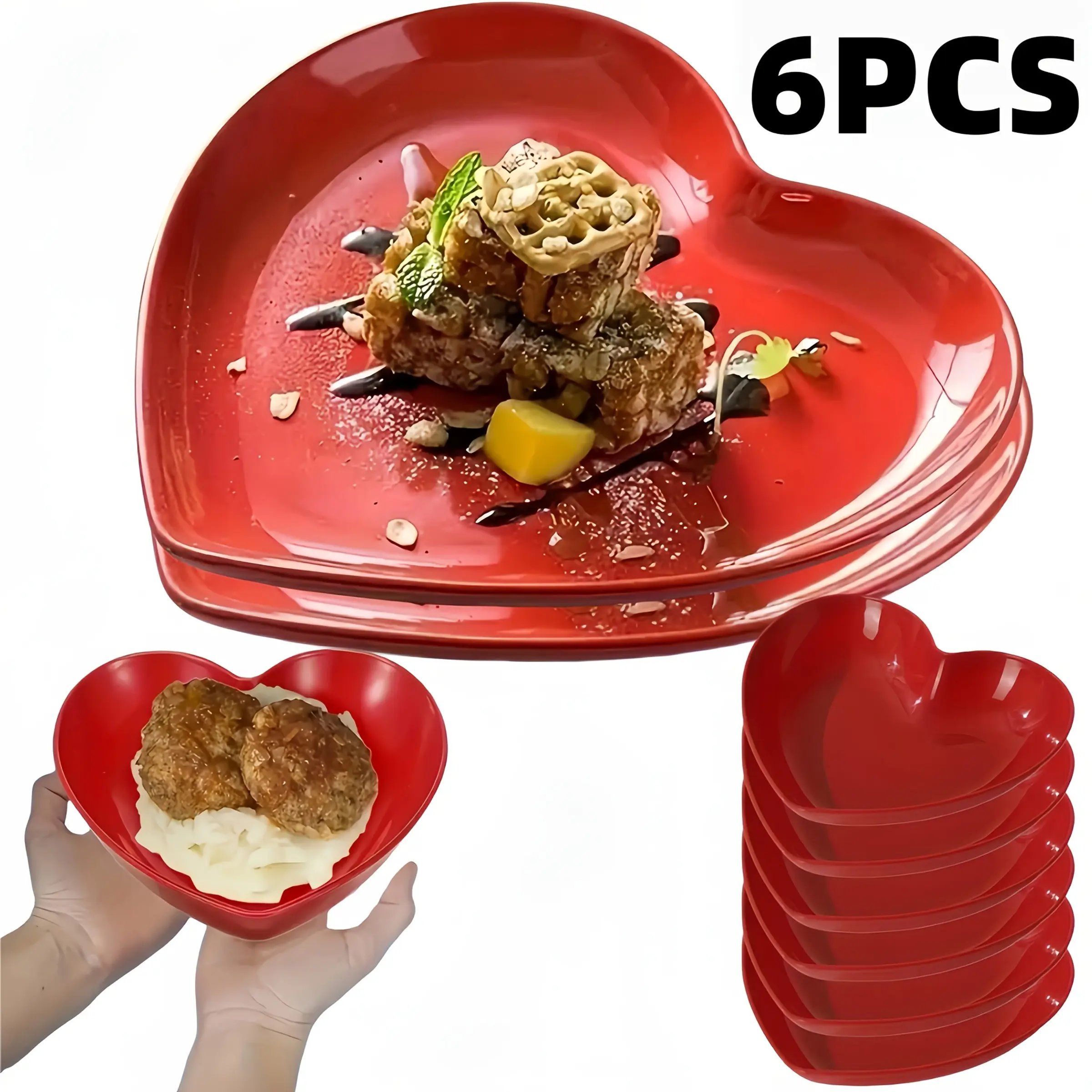 6 Pcs Plastic Heart Shaped Plates Set, Cute Multi-Functional, Ideal for Women's Day, Wedding, Party, Camping, Outdoor, Family Dinner, Picnic