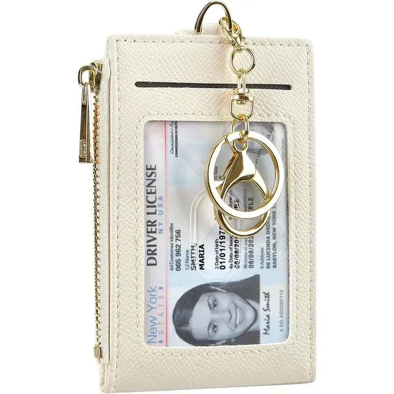 YYW1 Women Leather RFID Blocking Card Holder Slim Small Zipper Keychain Front Pocket with 2 ID Window,