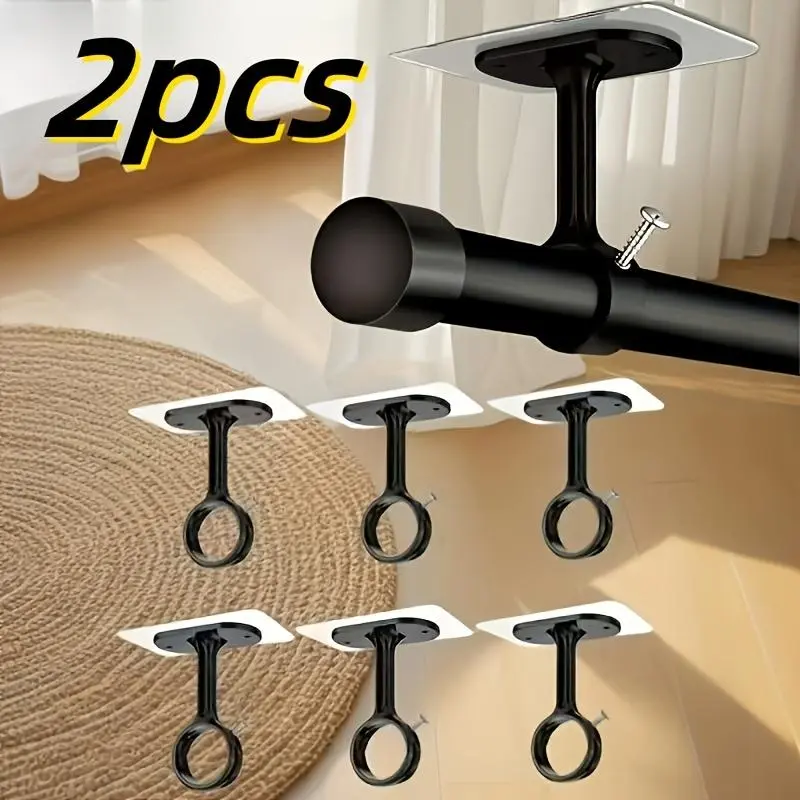 2pcs Non-Drilling PVC Plastic Ceiling Curtain Rod Brackets, Heavy-Duty Self-Adhesive, Adjustable 10 Hooks, Suitable for Wardrobe, Bedroom, New Black Version Utility Home Organizer Hooks