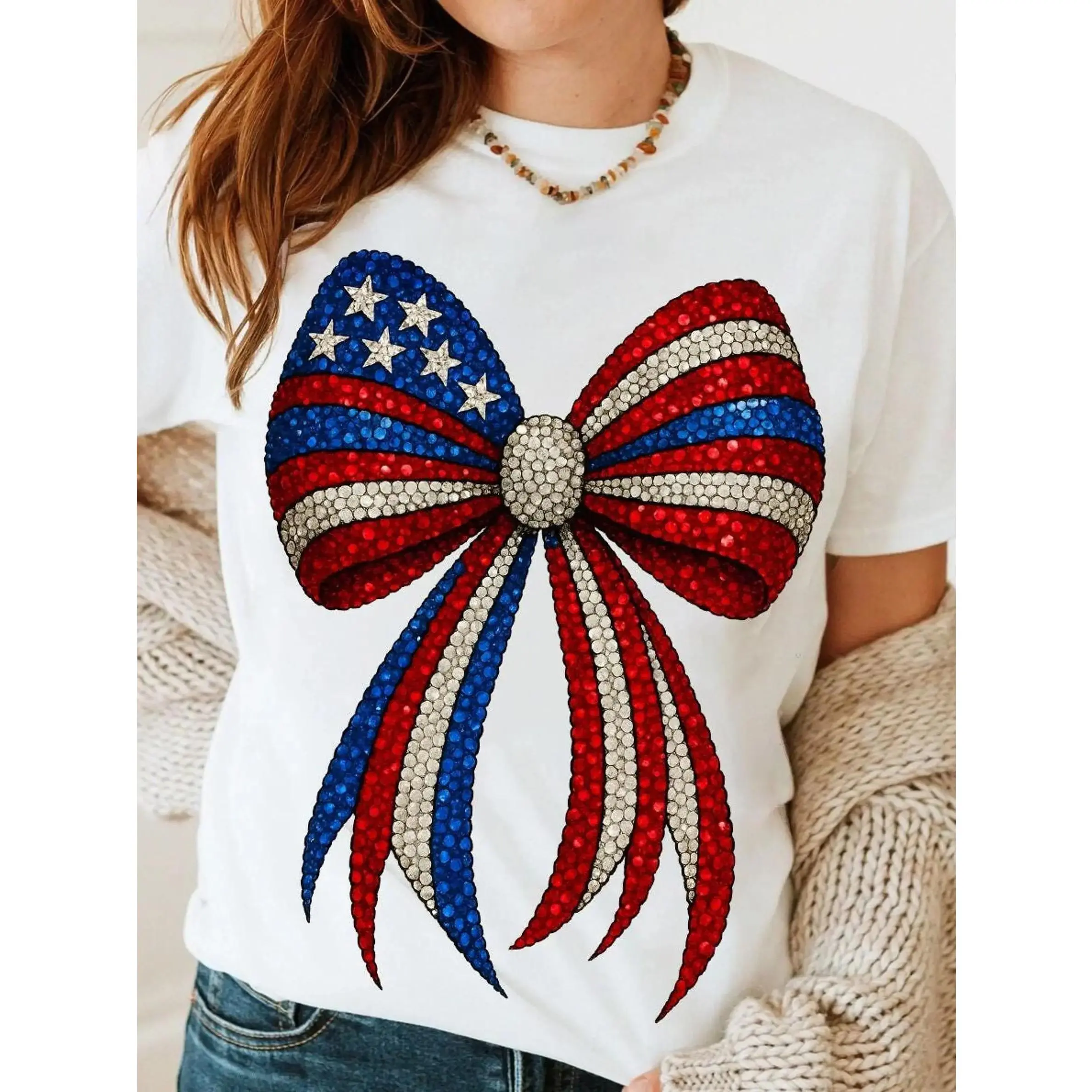 Imitation Crystal American Style Bowknot PNG, Red White Blue 4Th of July, Patriotic American Memorial Day Shirt Design 3 Letter Pattern, Trendy Short Sleeve T-Shirt, Letter Print T-Shirt, Regular Round Neck, Pure Comfortable Breathable Fabric