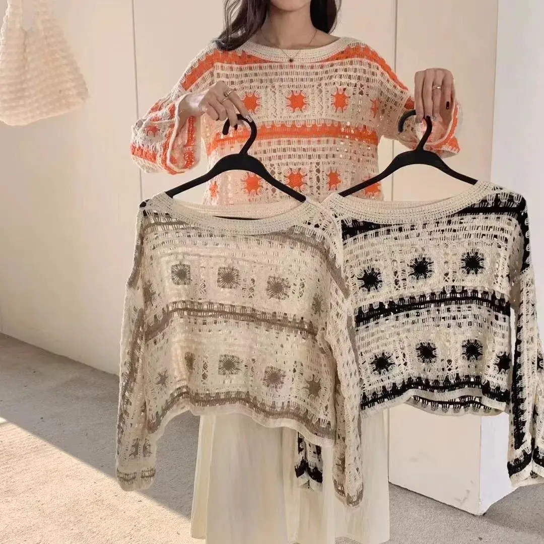 Long Sleeve Crochet Top Granny Square Open Knit Crop Sweater Pullover Jumpers for Women Boho Beach Vacation Outfit