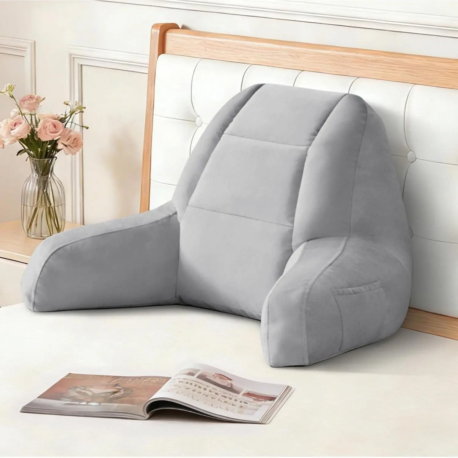 Backrest Pillow with Arms for Adults, Shredded Memory Foam Reading & Bed Sitting Pillow for Bed, Couch, Floor – Light GreyGift