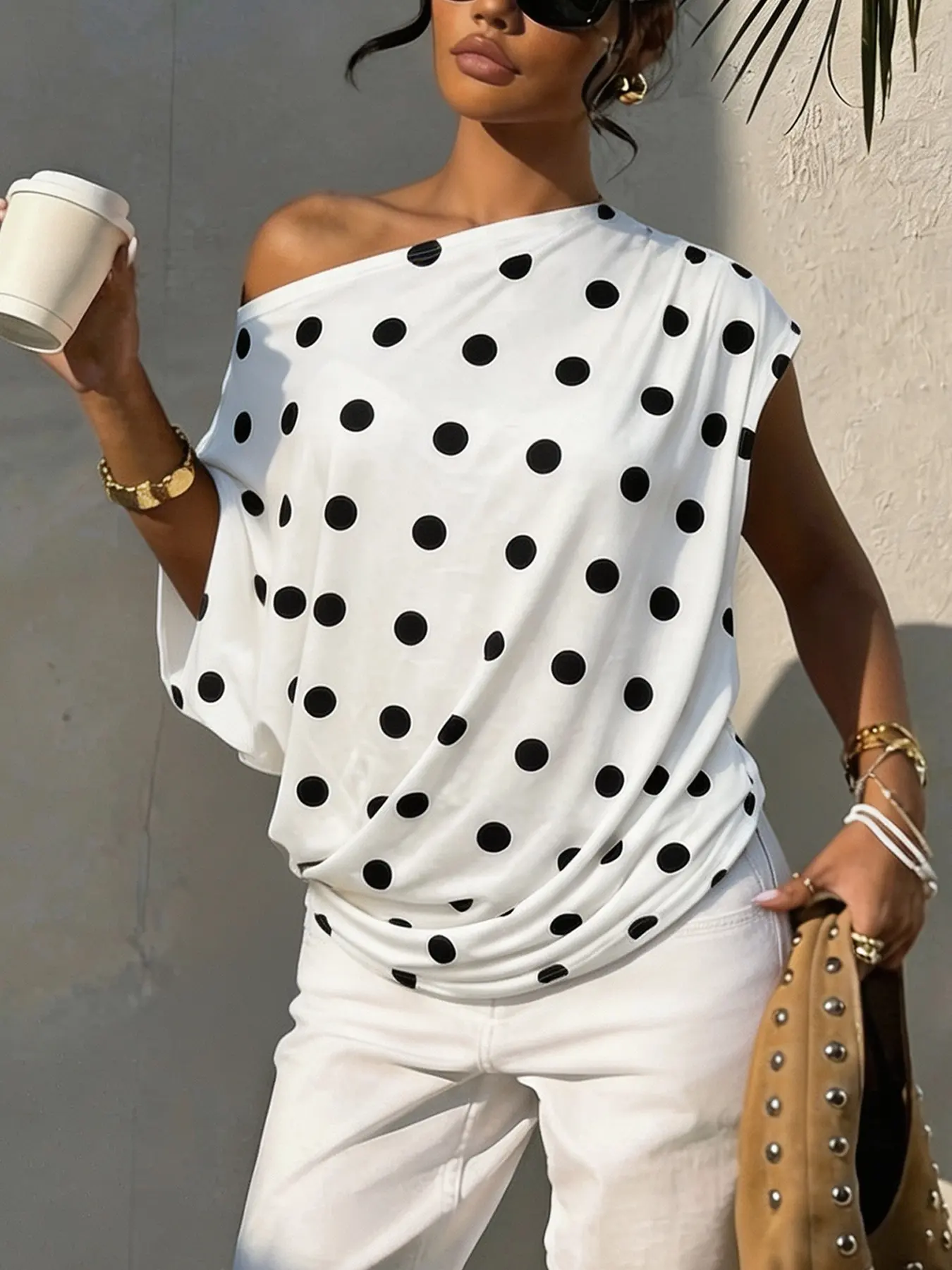 Women's White Black Polka Dot One Shoulder Asymmetrical Twisted Hem Loose Top