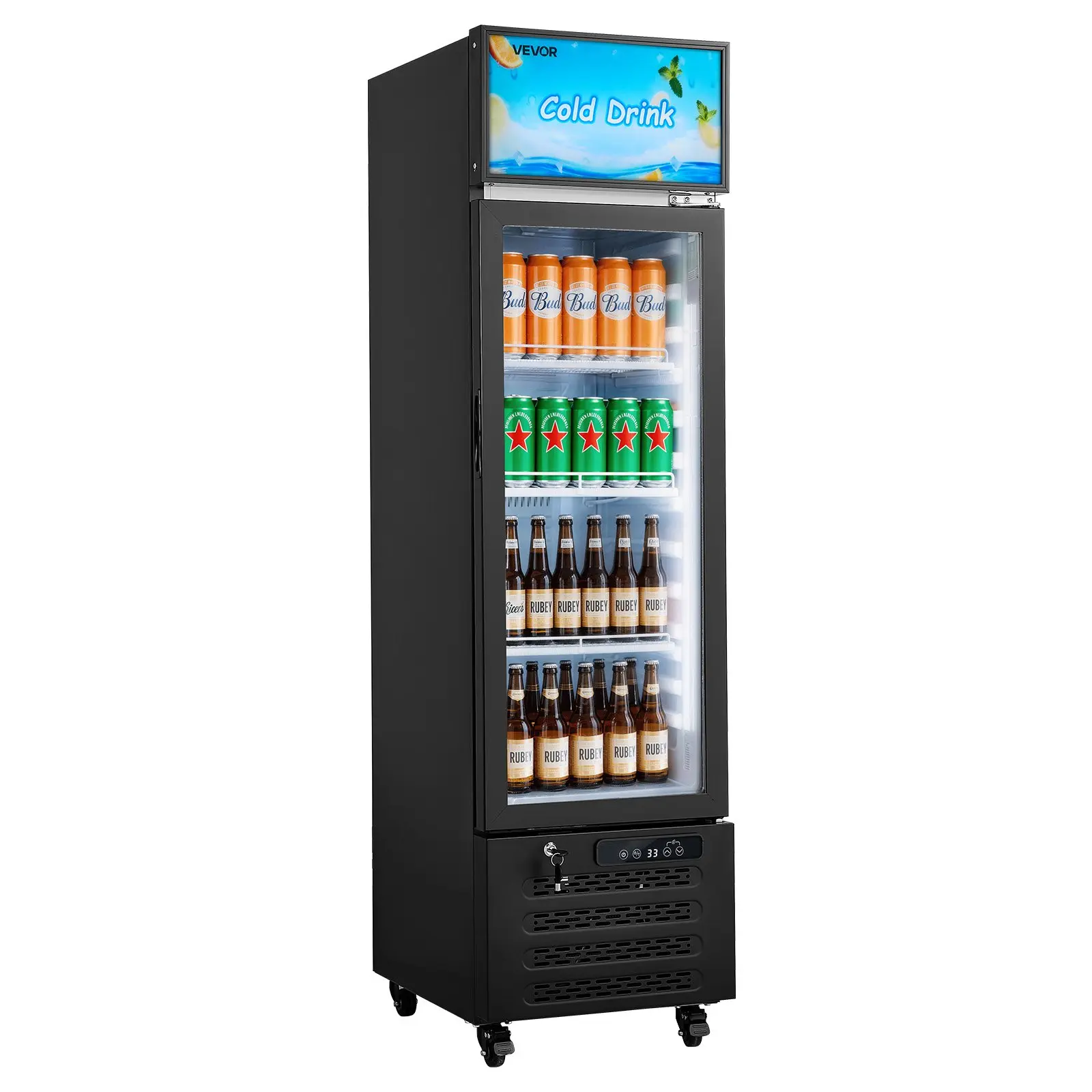 VEVOR Commercial Upright Merchandiser Refrigerator - 6.1 Cu. Ft/173L, 16.9"w x 63.8"h Glass Door Beverage Cooler with Lightbox Display, LED Lighting, 3 Adjustable Shelves for Homes, Shops
