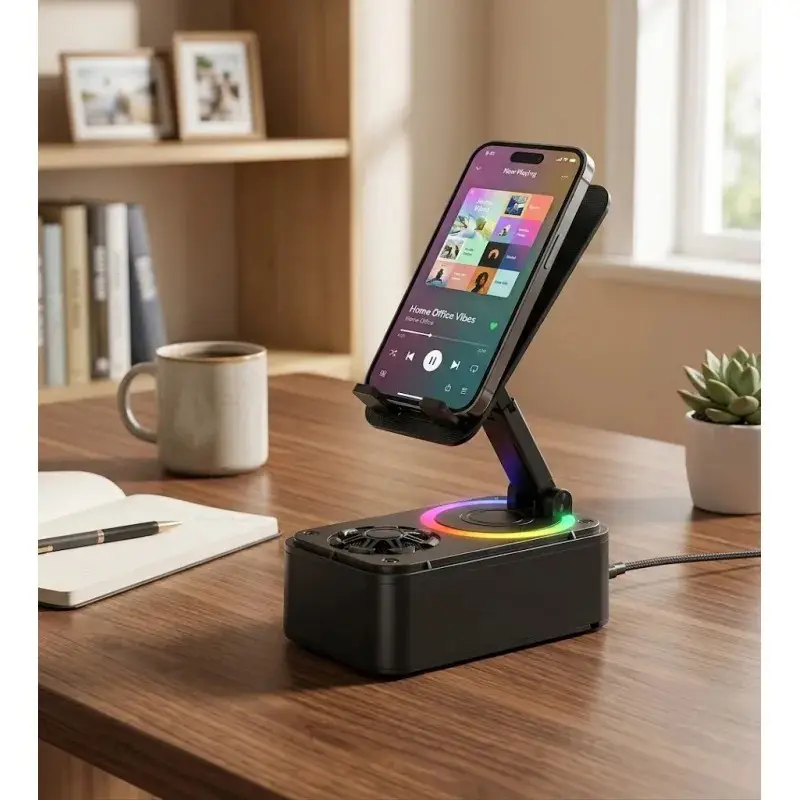 3-In-1 Smart Charging Speaker Stand with Bluetooth-compatible Speaker, LED Night Light, Phone Charger, Foldable Desktop Accessory, Ideal Gift for Halloween and Christmas
