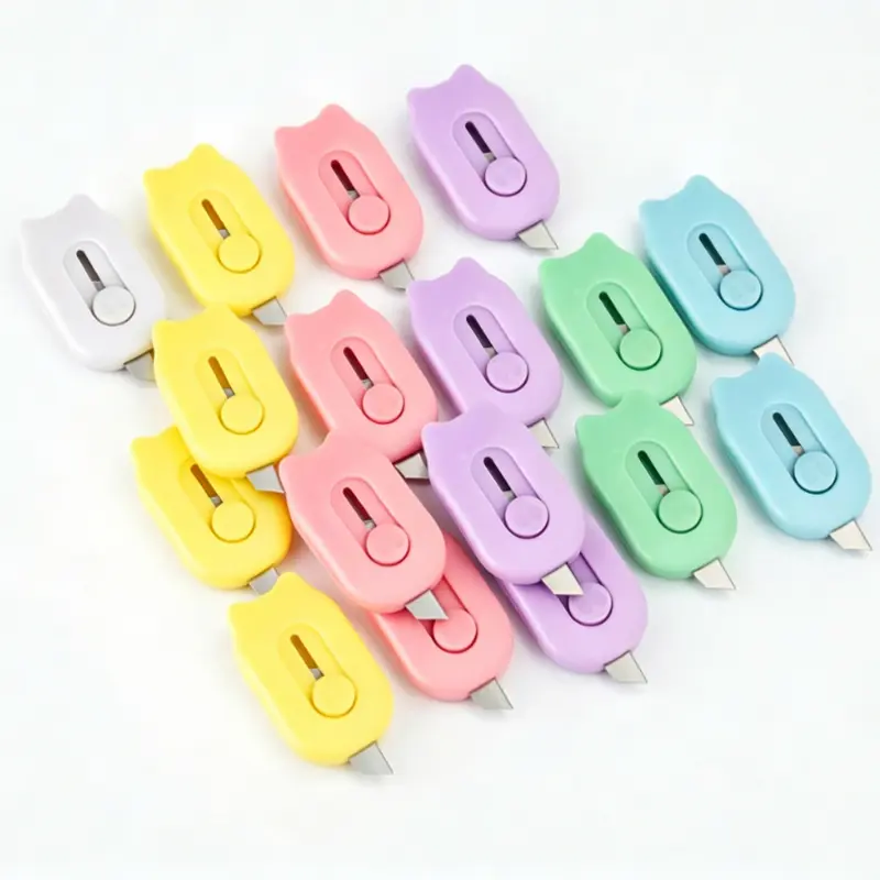 70-Pcs Retractable Cute Box Cutter - Stainless Steel Blade, Ergonomic ABS Comfy Grip, Compact Size Office Stationery for Envelopes, Paper, DIY Craft Projects, Easy Storage, Ergonomic Handle