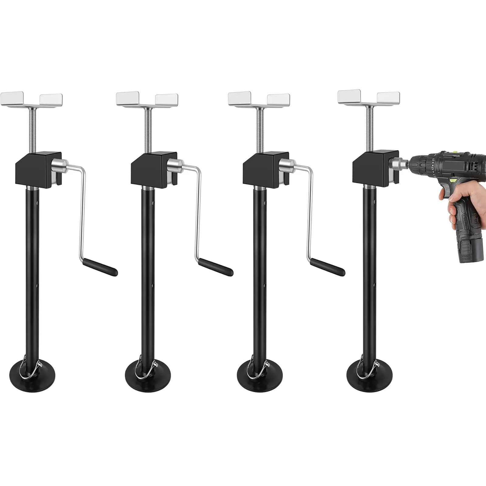 4-Pack RV Slide Out Support Jacks, Heavy Duty Steel Stabilizers. 5000 LB Capacity, Adjustable 21-49 Inch. With Crank & Magnetic Drill Socket. Anti-Wobble for Camper, Travel Trailer. Rust-Proof, Wide Base