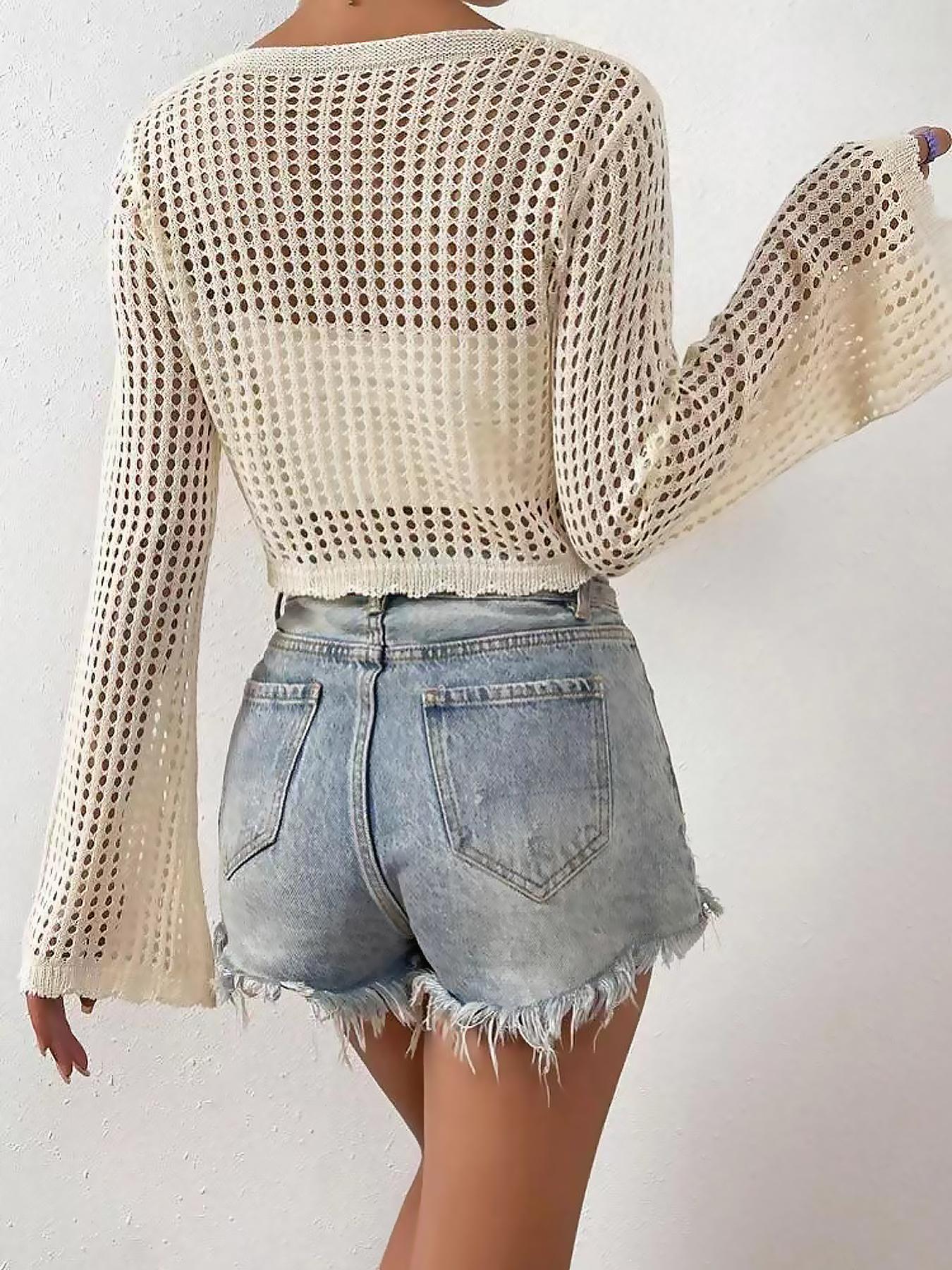 Women's Plain Hollow Out Tie Front Crop Cardigan, Casual Flounce Sleeve V Neck Cover Up Knitwear Tops for Spring & Fall, Summer Outfits 2024, Women's Knit Clothing for Daily Wear